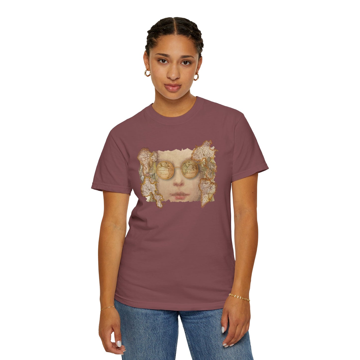 Reflective World Map Glasses Unisex T-shirt by artist Marie Frederique