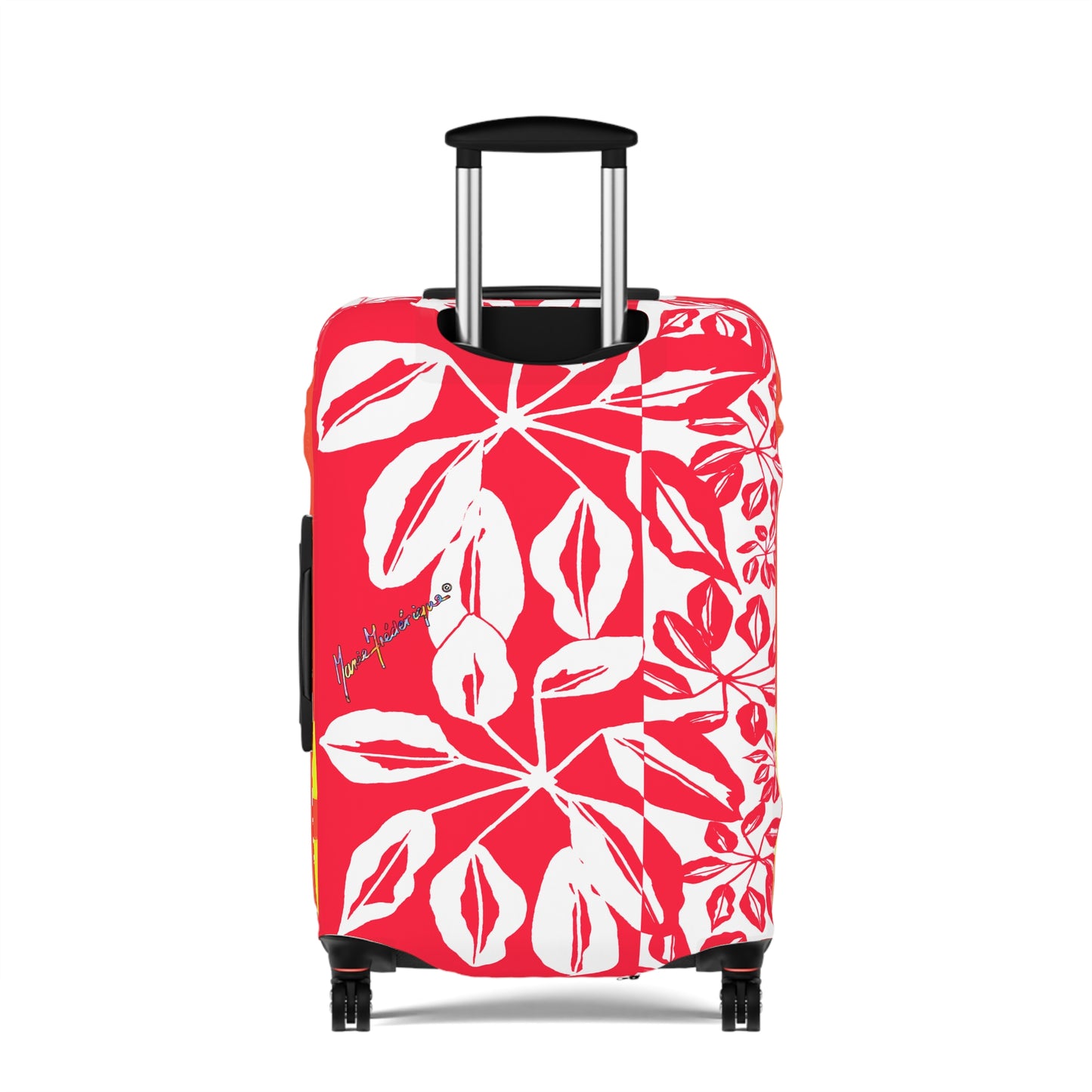 Luggage Cover, Tropical leaves in Red and White by artist Marie Frederique