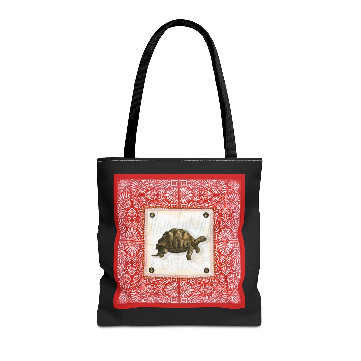 Tortoise, Red on black Tote Bag by artist Marie Frederique