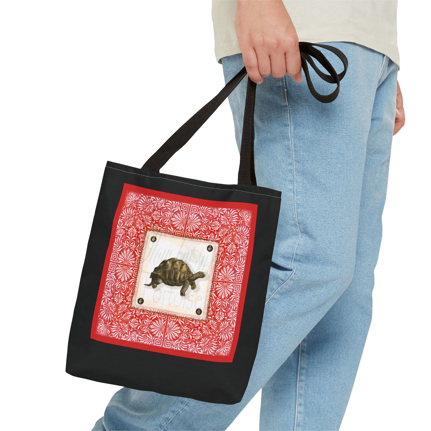 Tortoise, Red on black Tote Bag by artist Marie Frederique