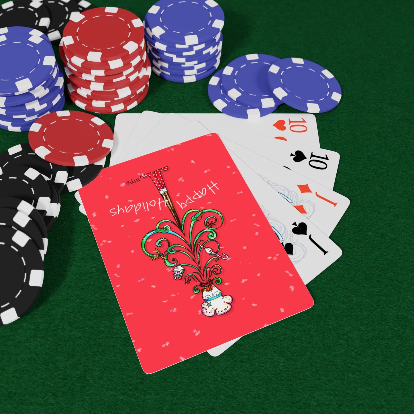 Christmas Happy Holiday-Themed Red Bridge/Poker Playing Cards Set - Festive Design with Ace of Spades by artist Marie Frederique