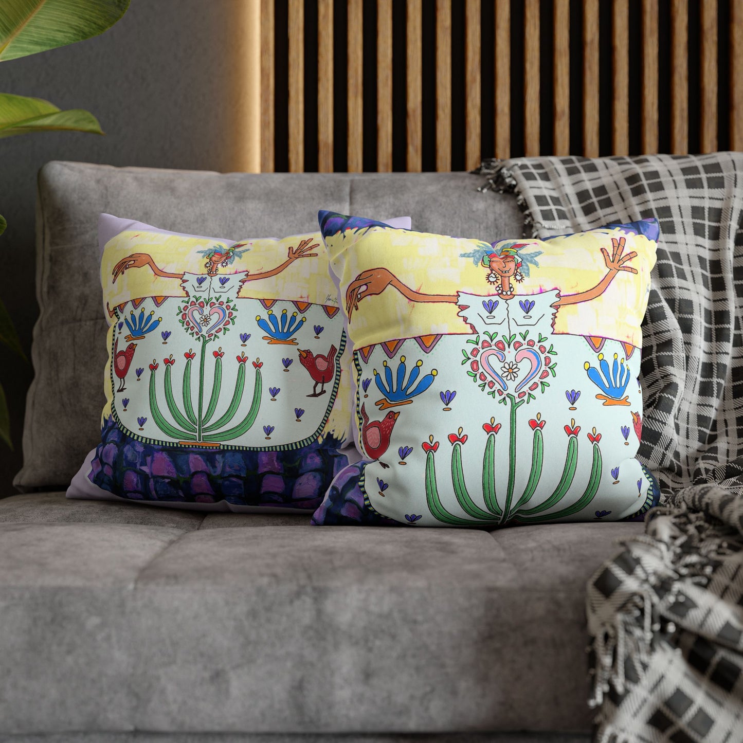 Tropical Folk Art Floral Pillowcase — Faux Suede Square Pillow Cover by artist Marie Frederique