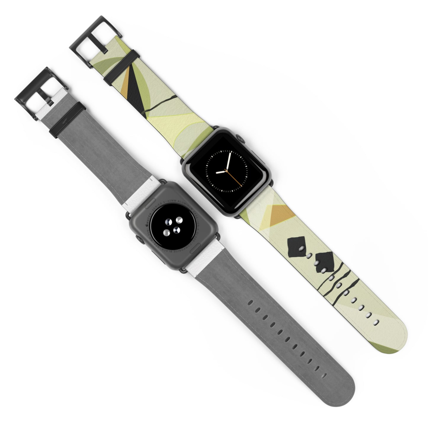 Abstract Series, Fun muted Greens, Putty and Black faux leather Watch Band by artist Marie Frederique