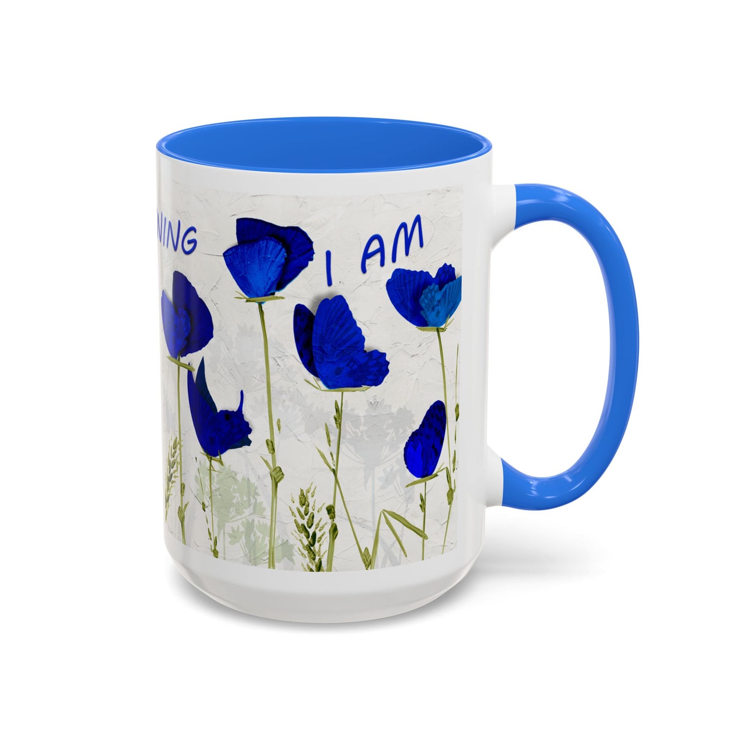 I am awakening, Butterfly flowers in blues. Colorful Mug by Artist Marie Frederique
