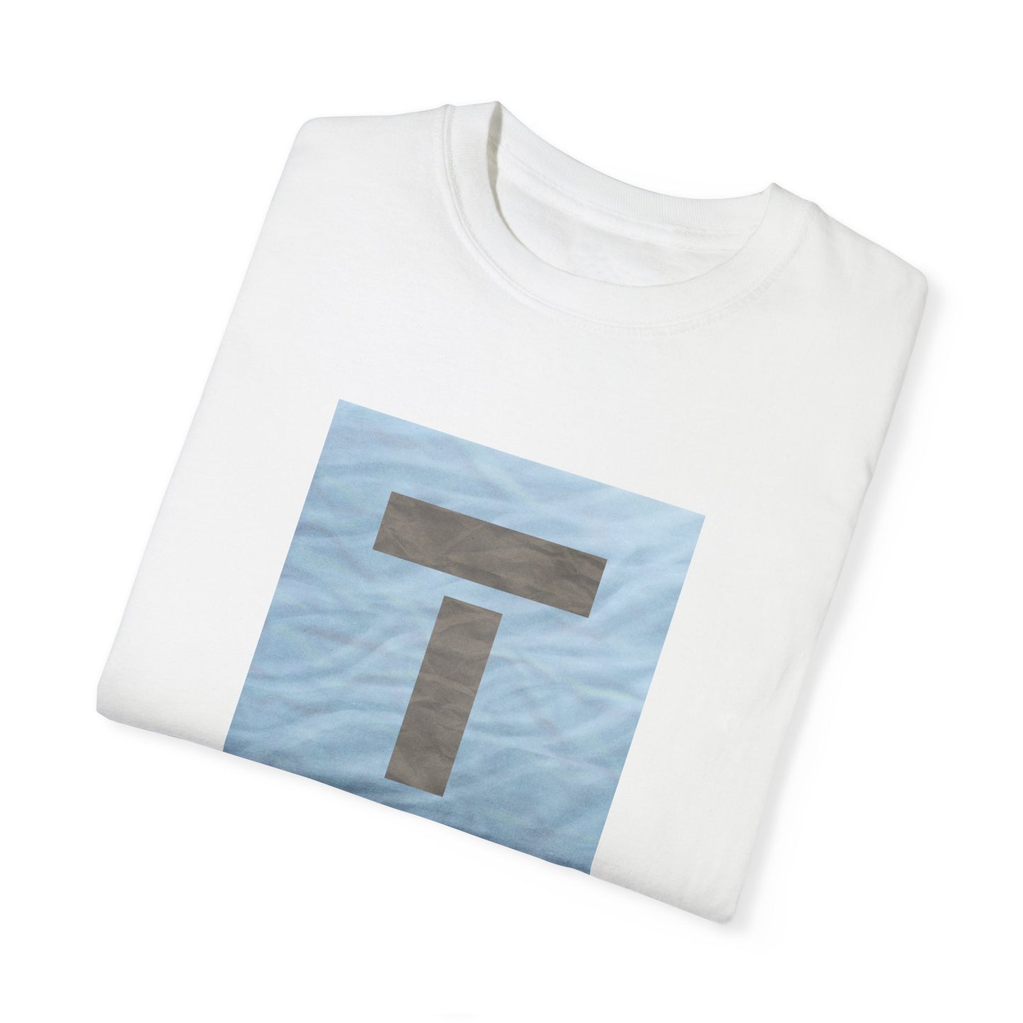 T symbol, Star Energy in a soft grey with light blue water reflections, Unisex Garment-Dyed T-shirt by artist Marie Frederique