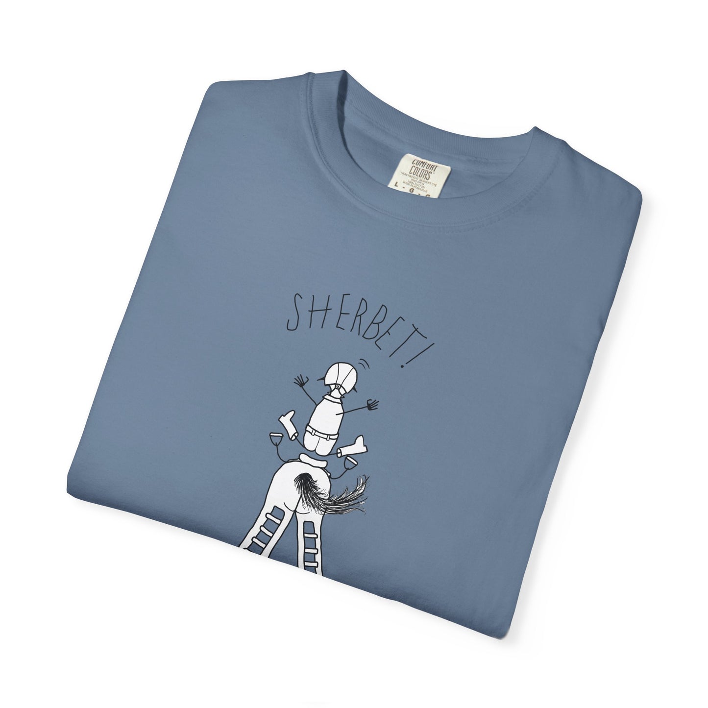 Equestrian KEEP YOUR LEGS ON! T-shirt - Jumping Caricature Design by artist Marie Frederique