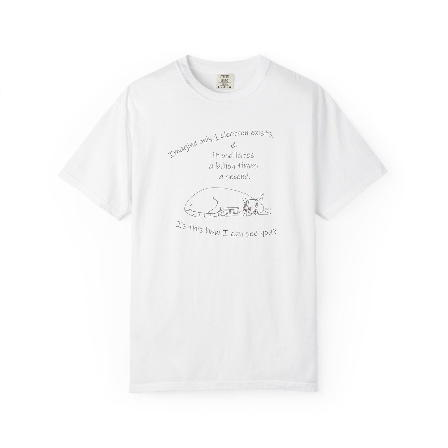 Quantum theoretical physics, Electron? "Imagine only 1 electron exists, play on theorem, Unisex Garment-Dyed T-shirt by artist Marie Frederique