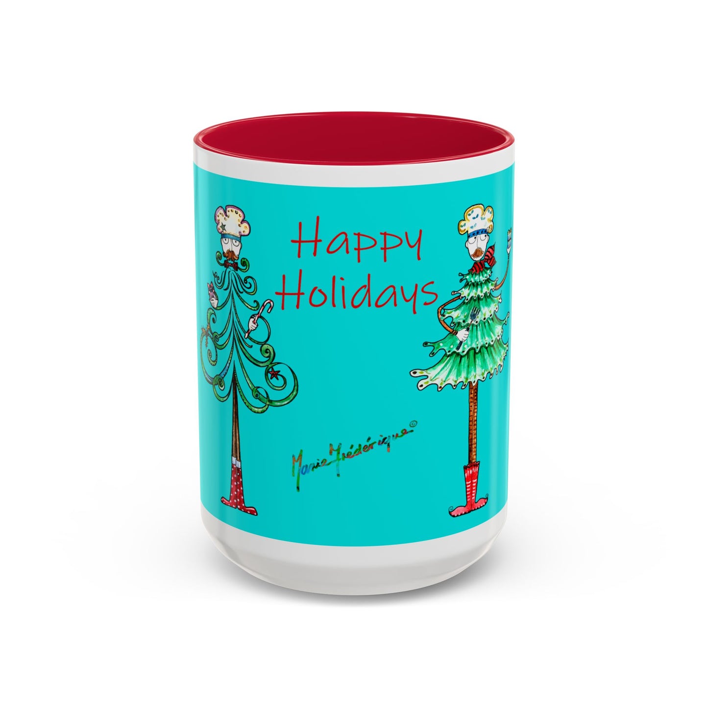 Christmas Trees, Happy Holiday Colorful Mugs by artist Marie Frederique
