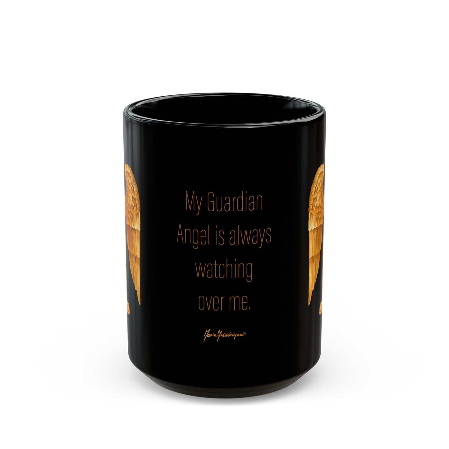 Guardian Angel - Gold wings on Black Mug by artist Marie Frederique