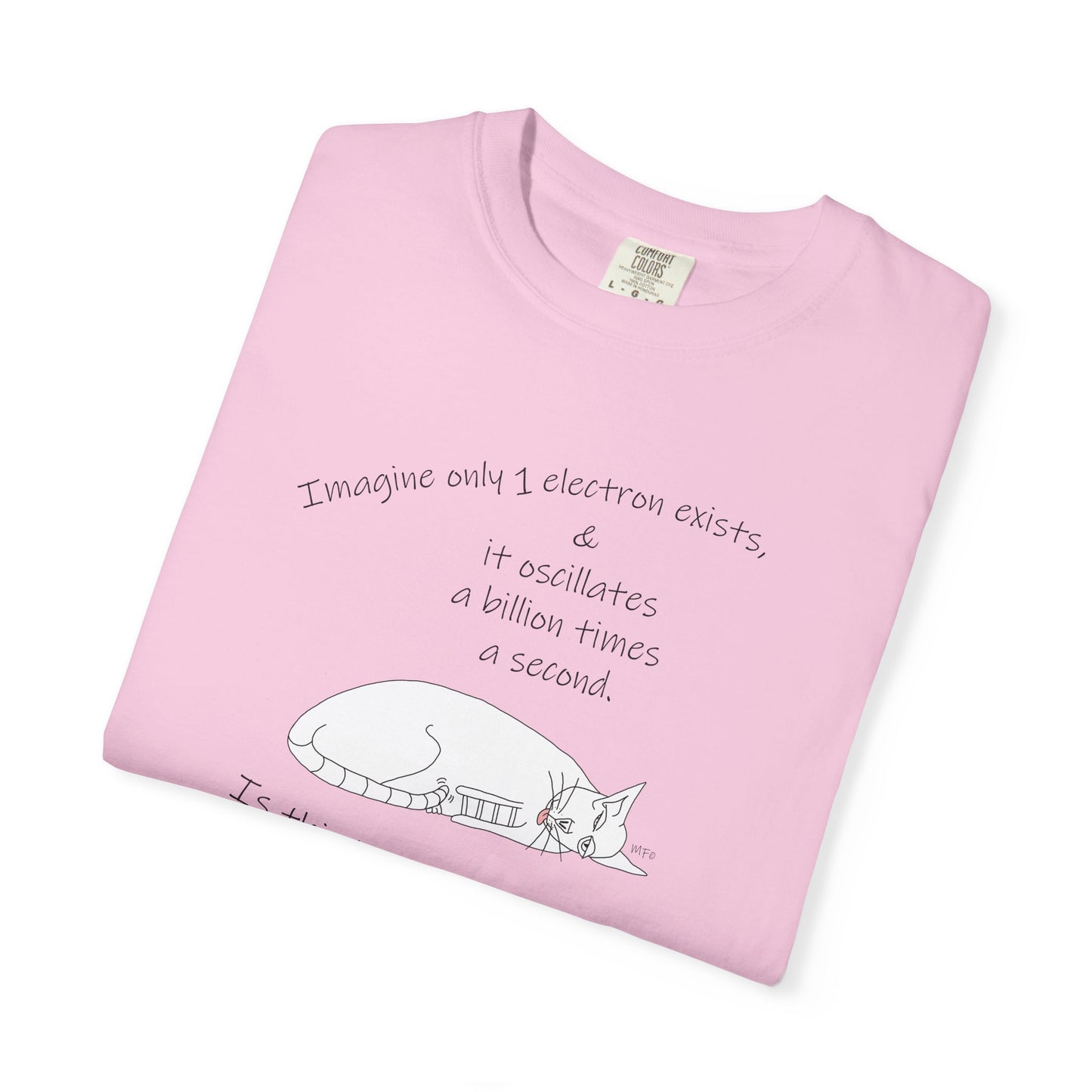 Quantum theoretical physics, Electron? "Imagine only 1 electron exists, play on theorem, Unisex Garment-Dyed T-shirt by artist Marie Frederique