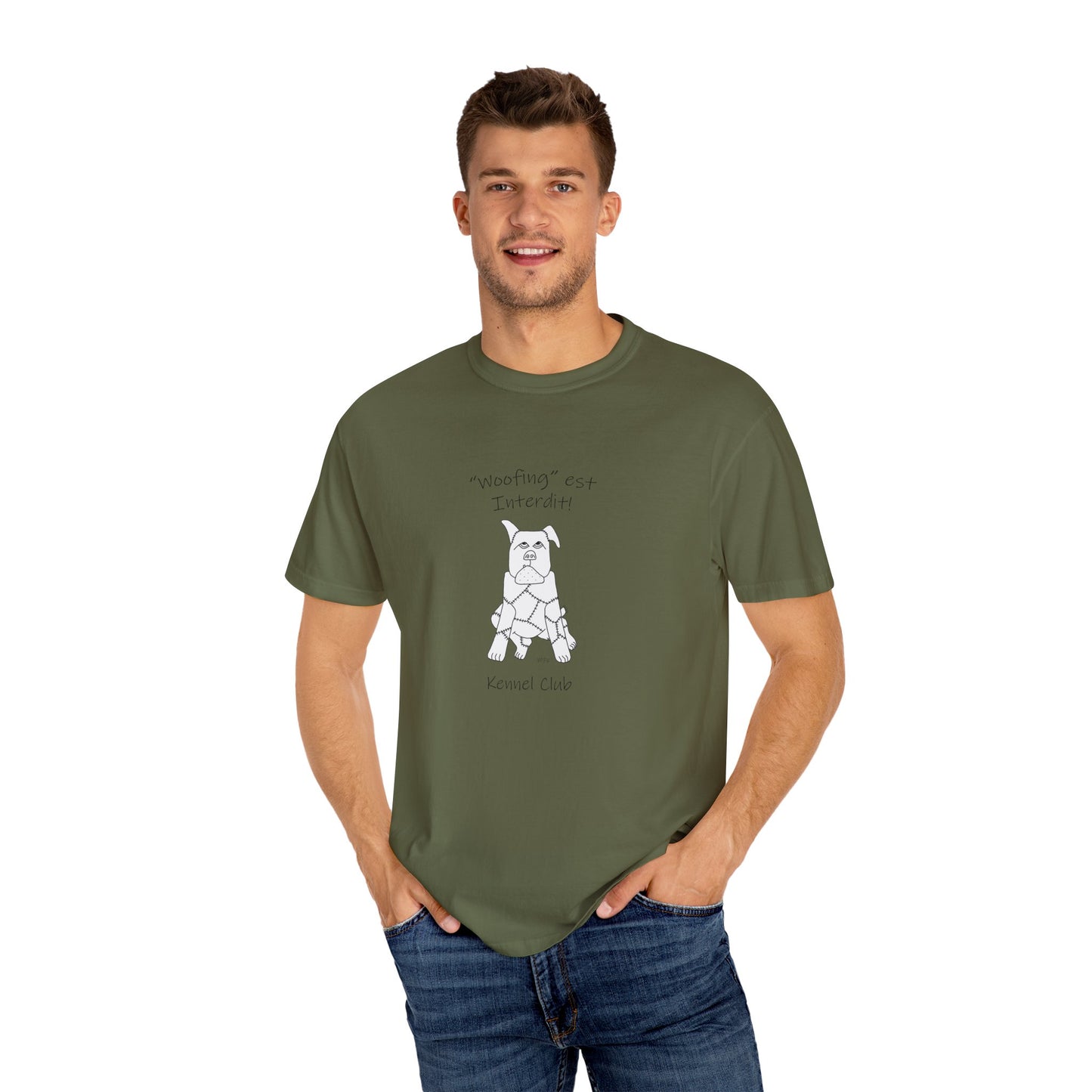 Dog lovers, teach your dog French - "Woofing est Interdit!" (Soft Barking not allowed) Unisex Garment-Dyed T-shirt by artist Marie Frederique