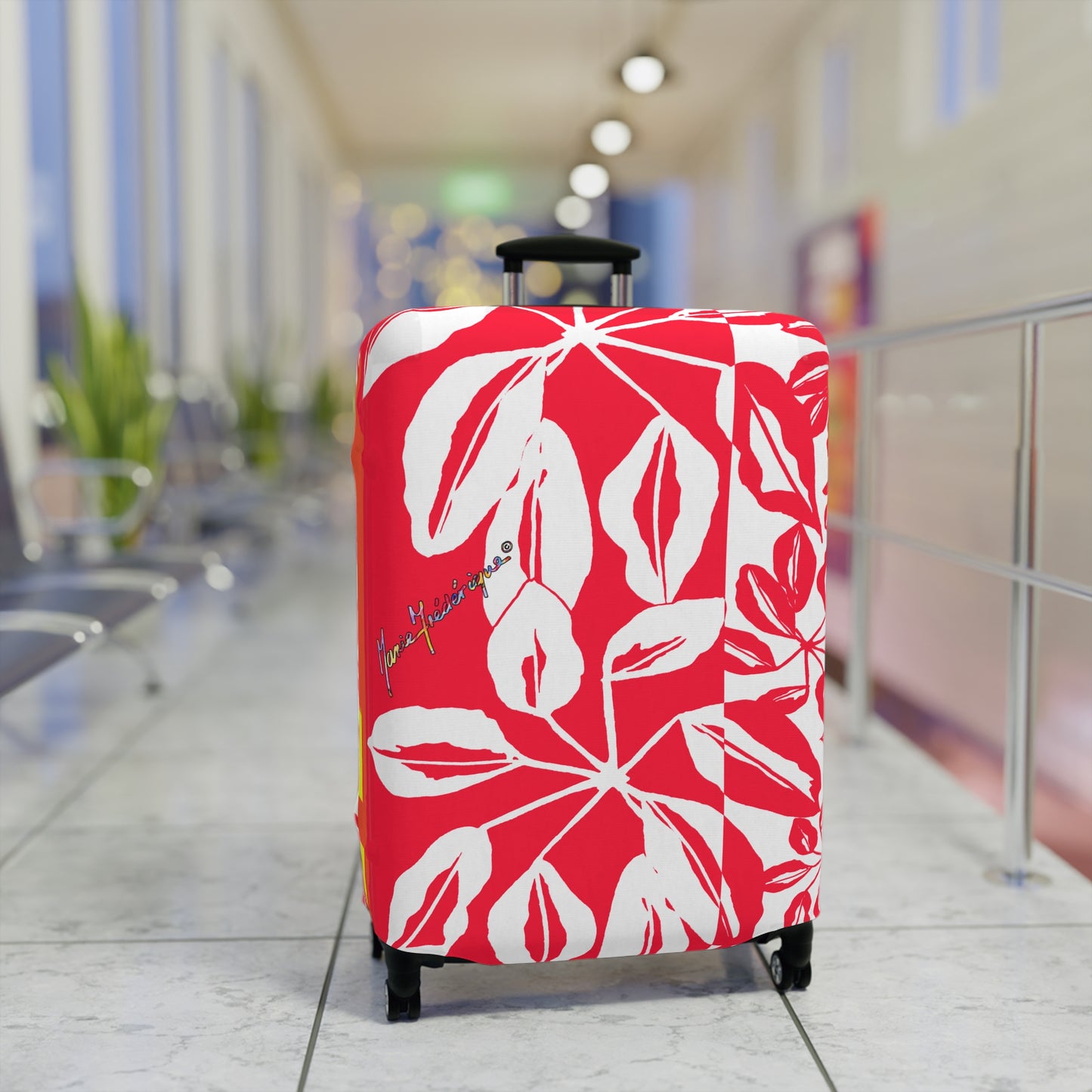 Luggage Cover, Tropical leaves in Red and White by artist Marie Frederique