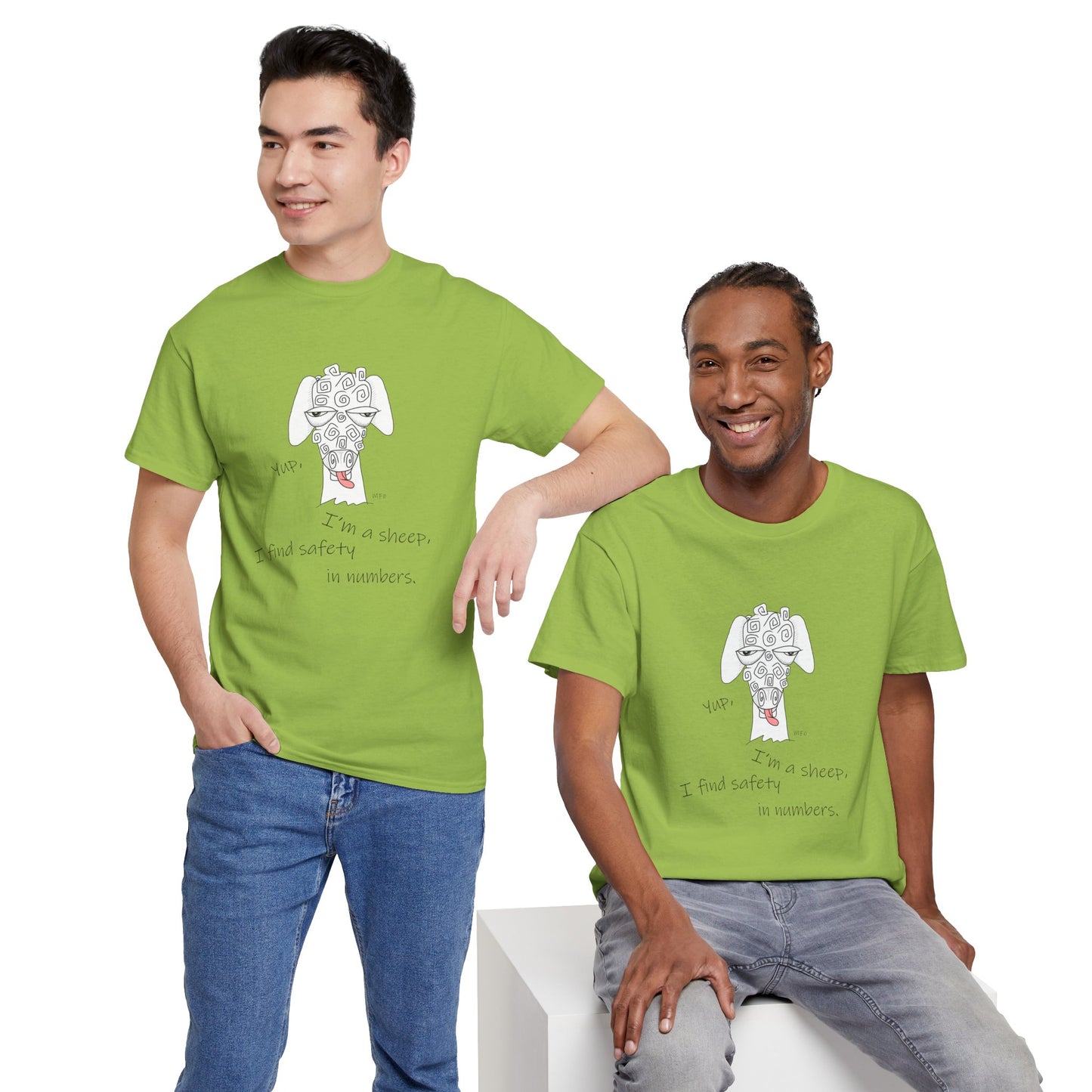 Sheep Lovers - Safety in Numbers. Unisex Heavy Cotton Tee by artist Marie Frederique