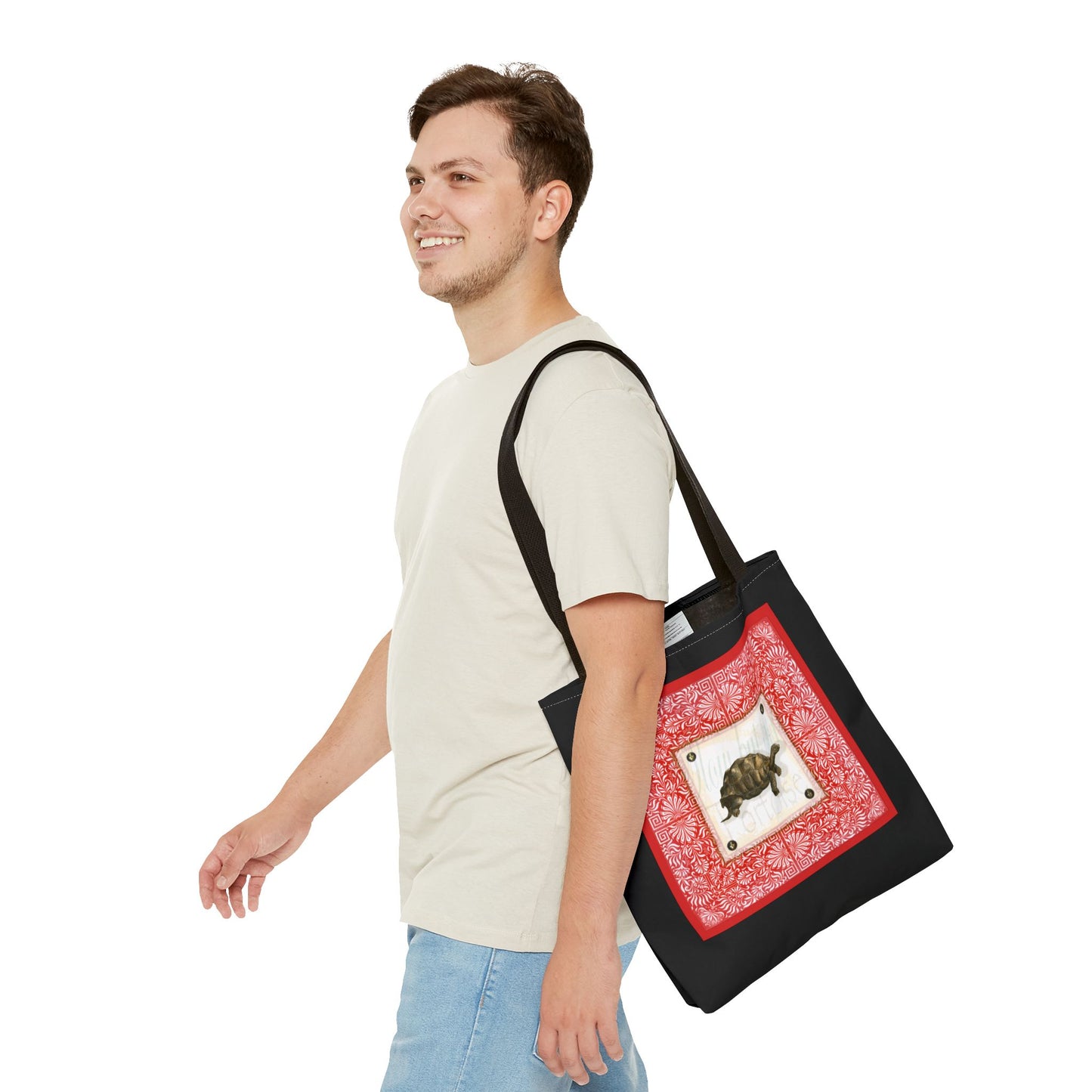 Tortoise, Red on black Tote Bag by artist Marie Frederique