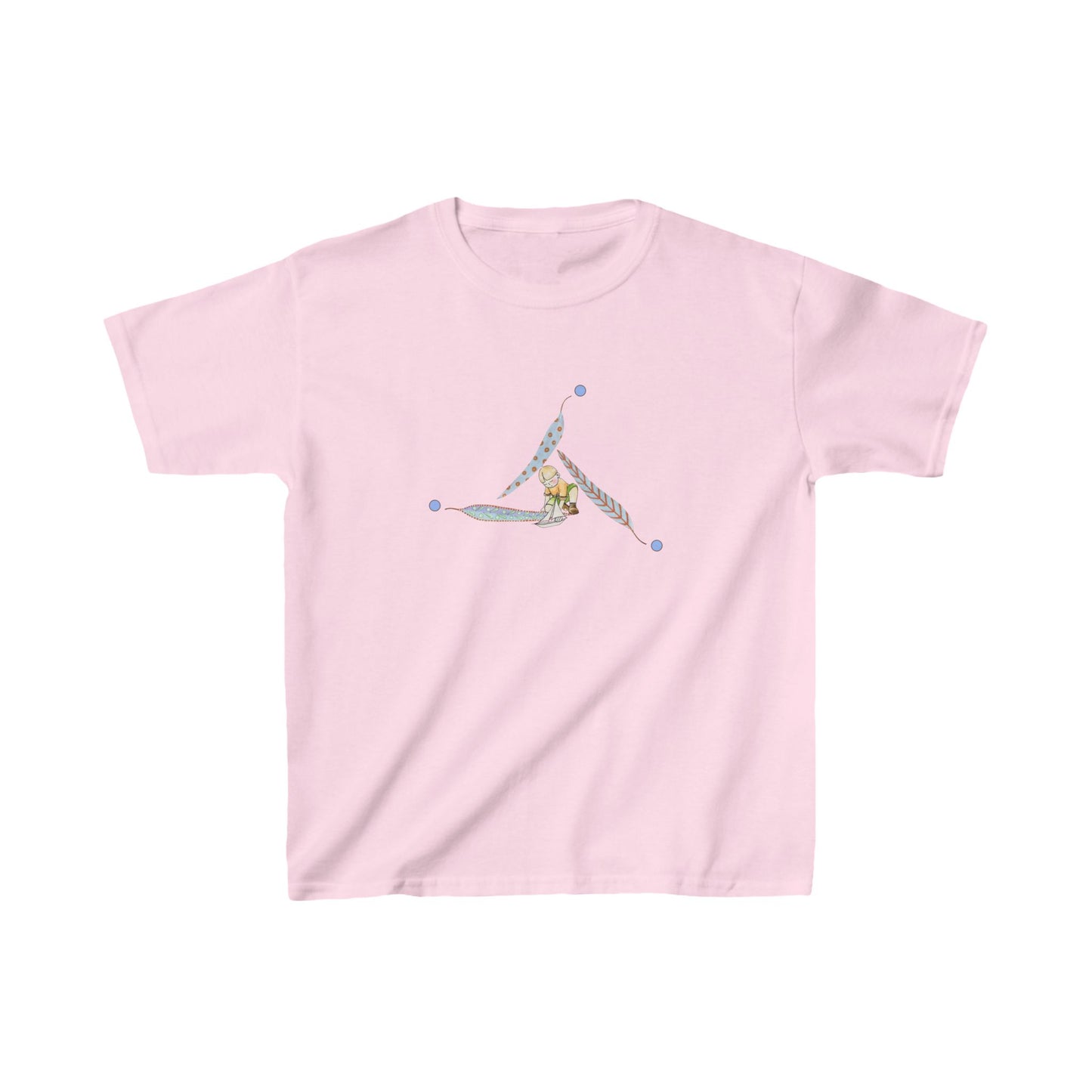 Child with a sailboat in a triangle of pastel painted leaves symbolizing Manifestation - Kids Heavy Cotton™ Tee by artist Marie Frederique