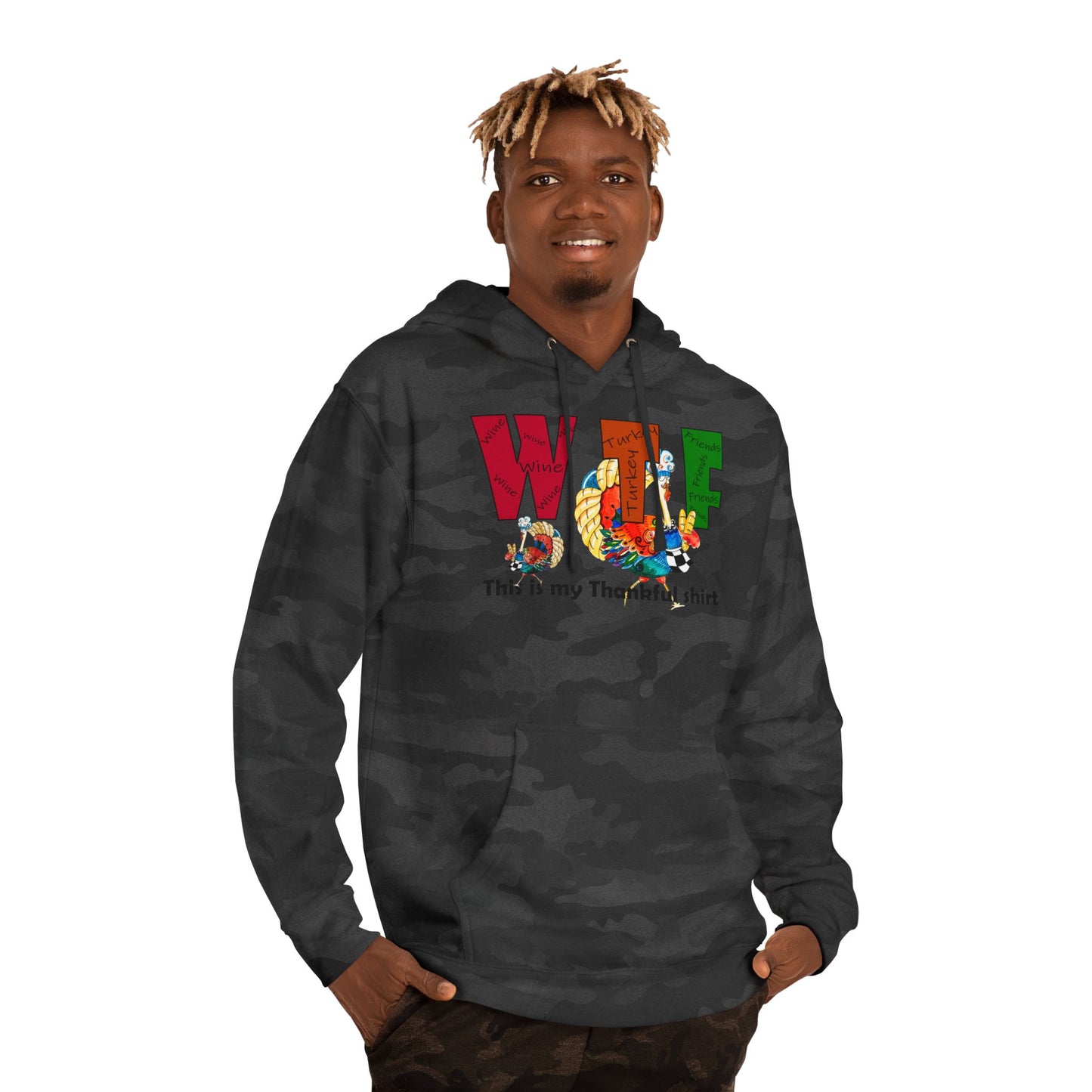 Thanksgiving WTF - Wine, Turkey and Friends - Unisex Hooded Sweatshirt by artist Marie Frederique