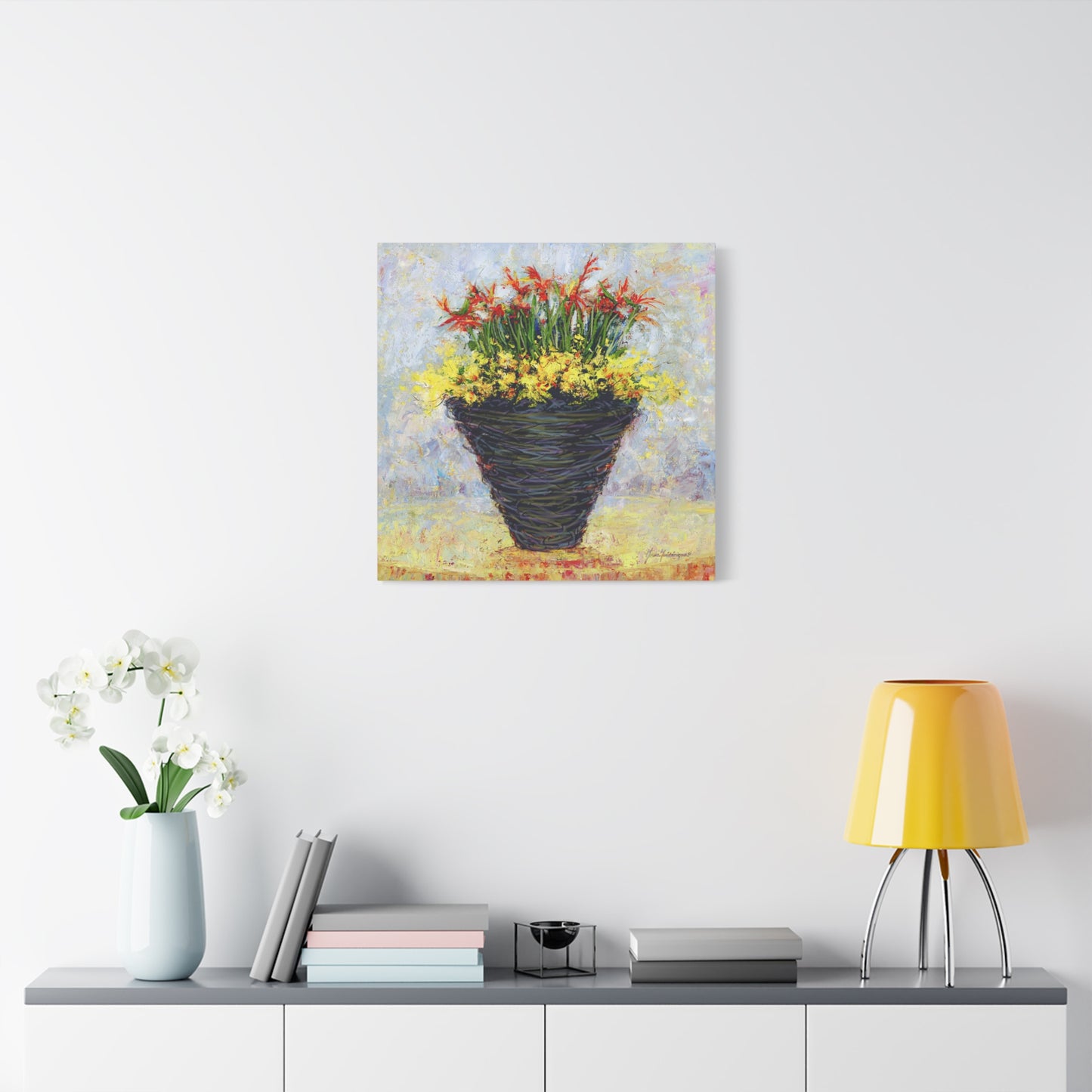 Floral Arrangement, Painterly style with Red and Yellow - Oil Painting Print by artist Marie Frederique