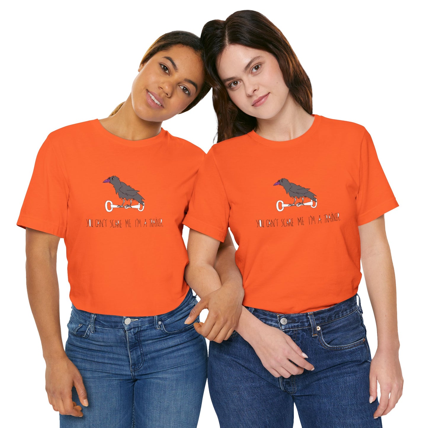Halloween Equestrian Trainer Special. Crow on a snaffle bit. "You can't scare me I'm a trainer" - Unisex Jersey Short Sleeve Cotton Tee by artist Marie Frederique