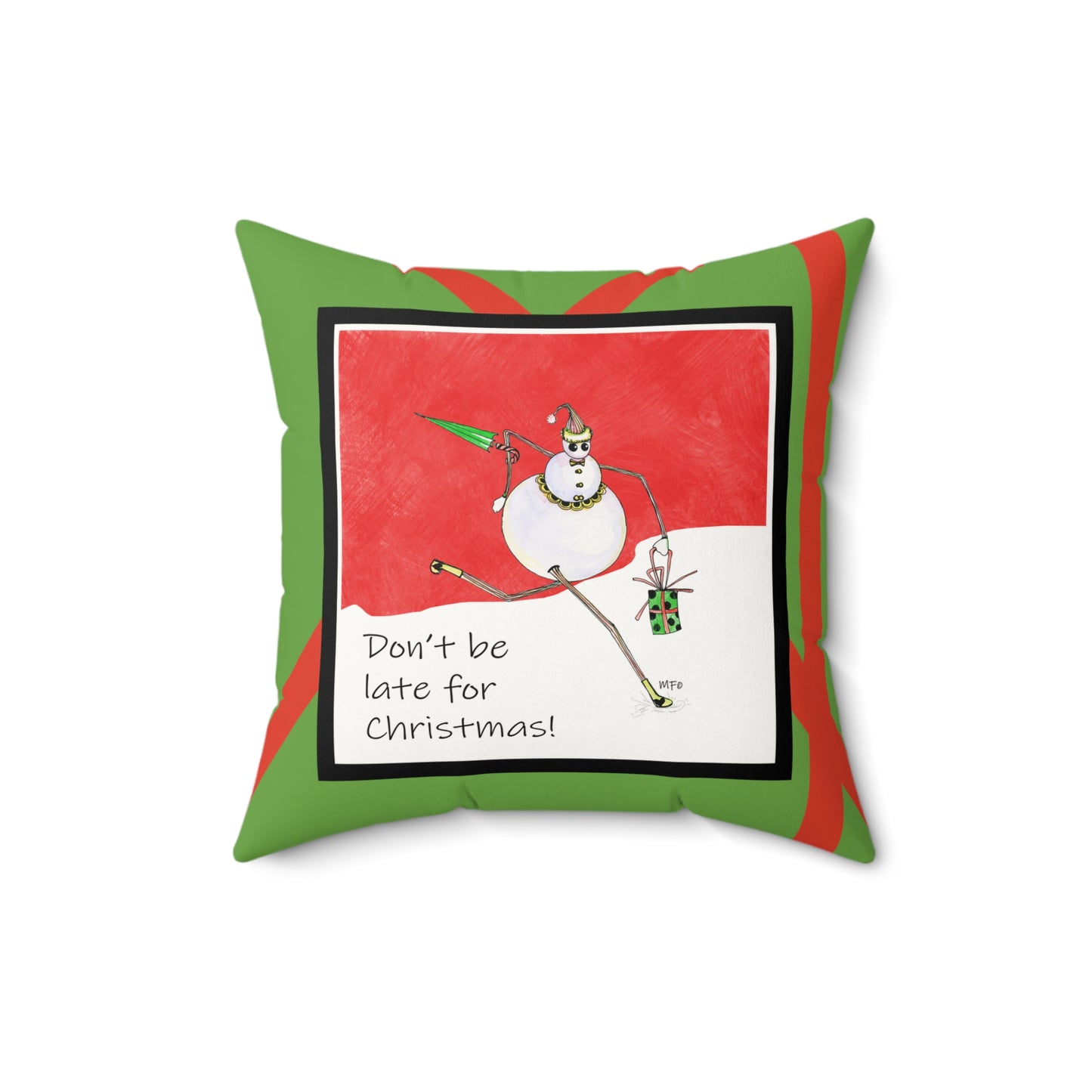 Christmas Snowman. Don't be late - Faux Suede Square Pillow by artist Marie Frederique