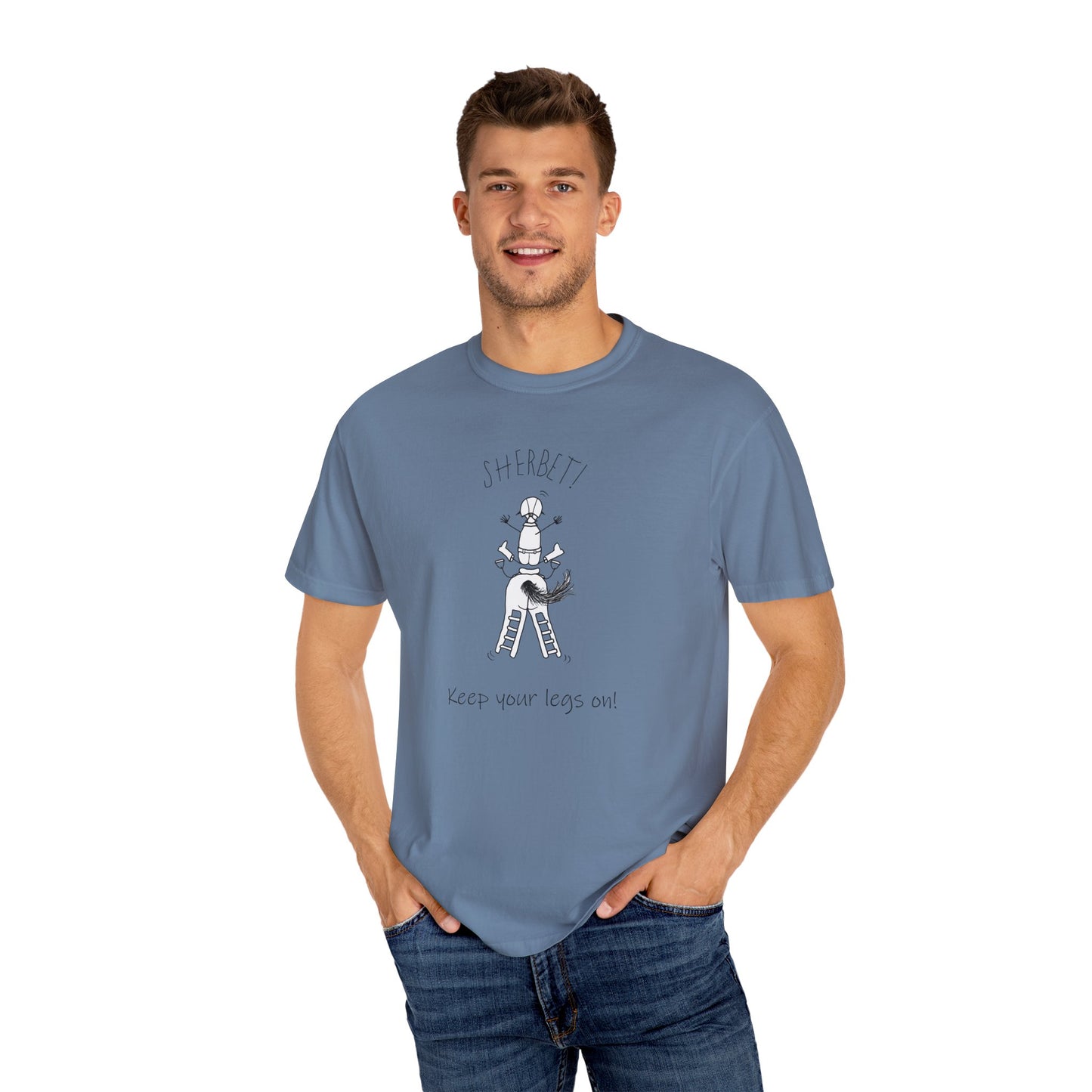 Equestrian KEEP YOUR LEGS ON! T-shirt - Jumping Caricature Design by artist Marie Frederique