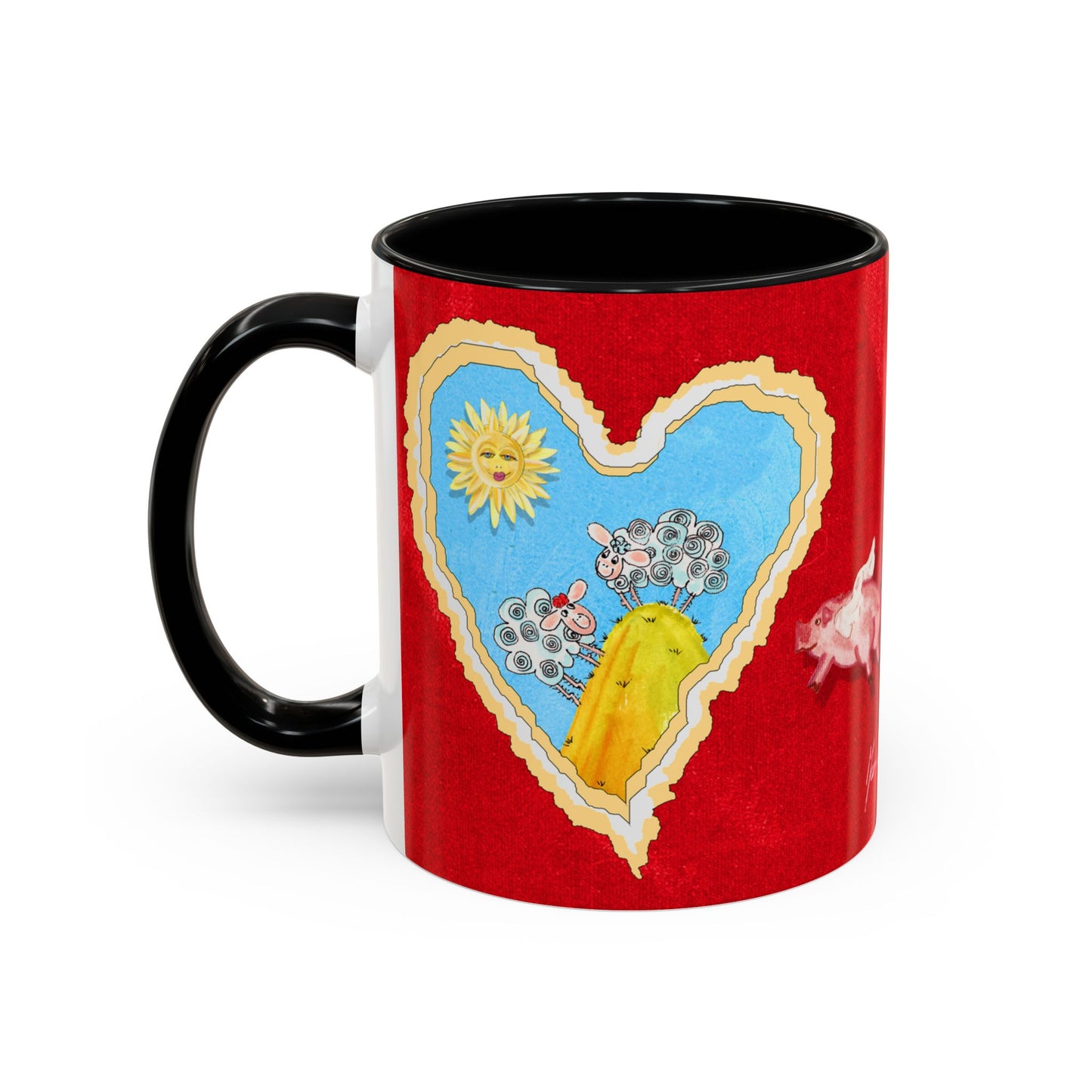Valentine Sheep, Love is in the air with flying pig - Accent Coffee Mug (11, 15oz) by artist Marie Frederique