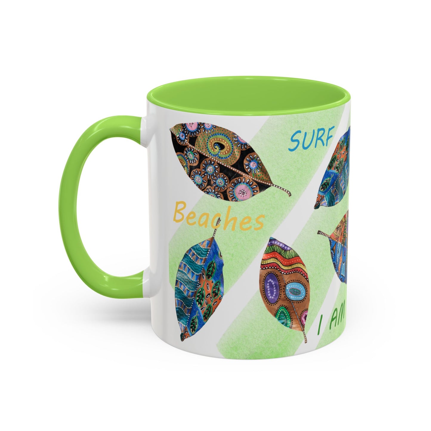 Surf, Sand and Sun multicolored painted leaves - Colorful Mug by Artist Marie Frederique