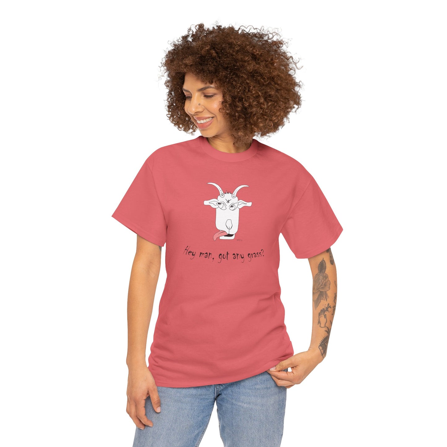 Funny Goat Tee - 'Hey Man, Got Any Grass?' Unisex Heavy Cotton T-Shirt by artist Marie Frederique