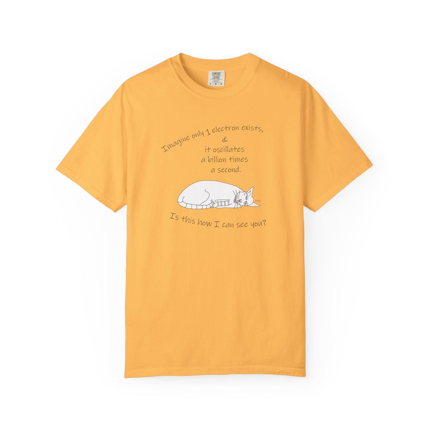Quantum theoretical physics, Electron? "Imagine only 1 electron exists, play on theorem, Unisex Garment-Dyed T-shirt by artist Marie Frederique
