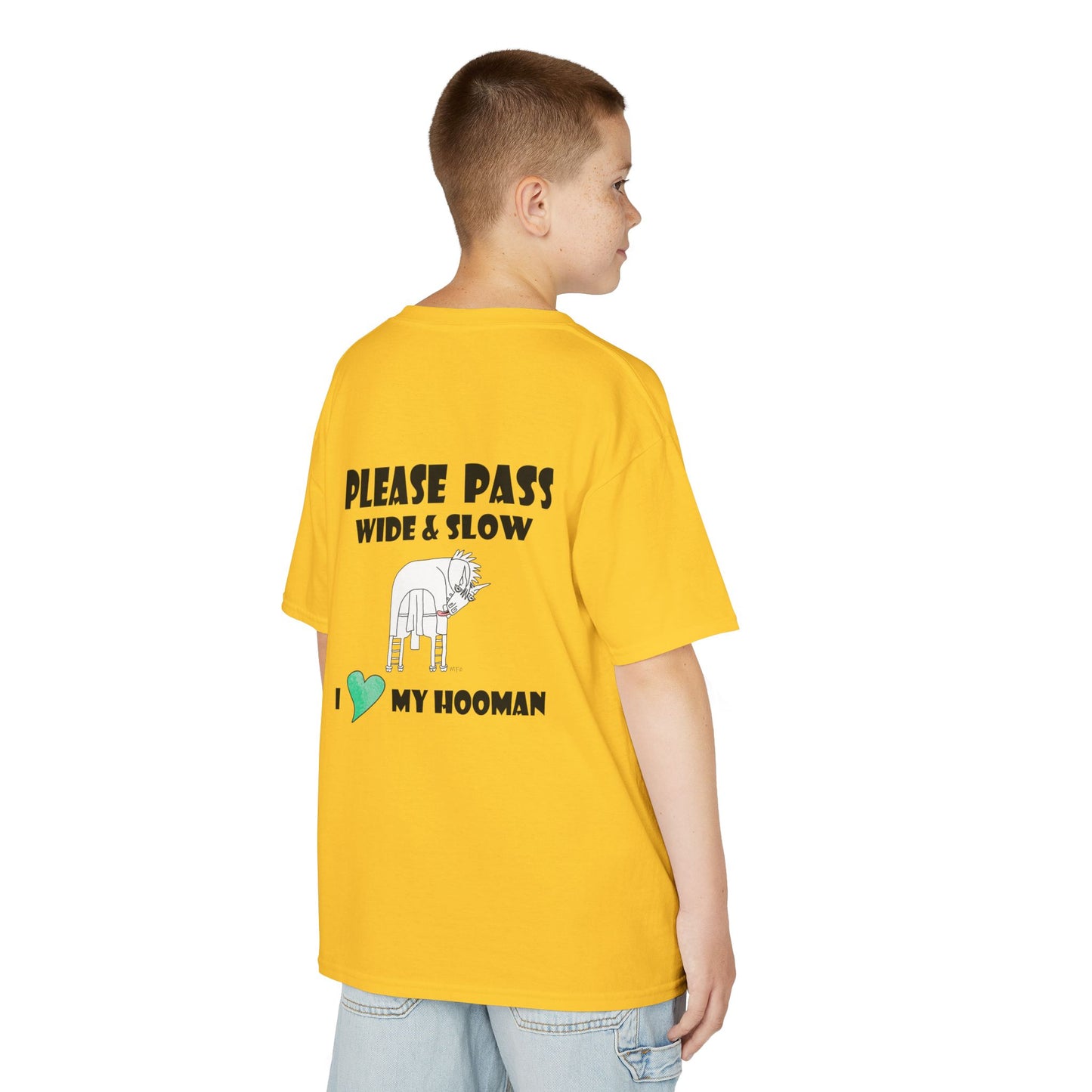 Safety Awareness Horse Riding T-Shirt - "Please Pass Wide & Slow" Design by artist Marie Frederique
