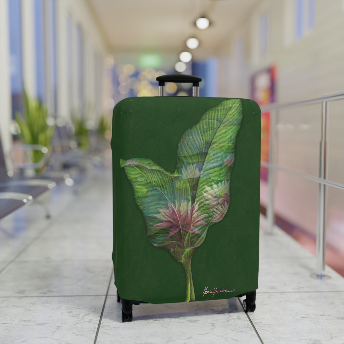 Luggage Cover, Pink Lotus flower and leaves on green By Artist Marie Frederique
