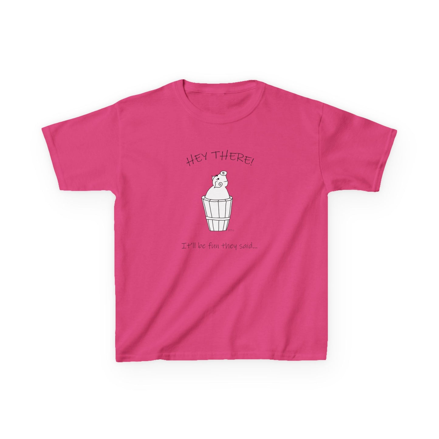 Pig in a barrel - HEY THERE! It'll be fun they said, Kids Heavy Cotton™ Tee by artist Marie Frederique
