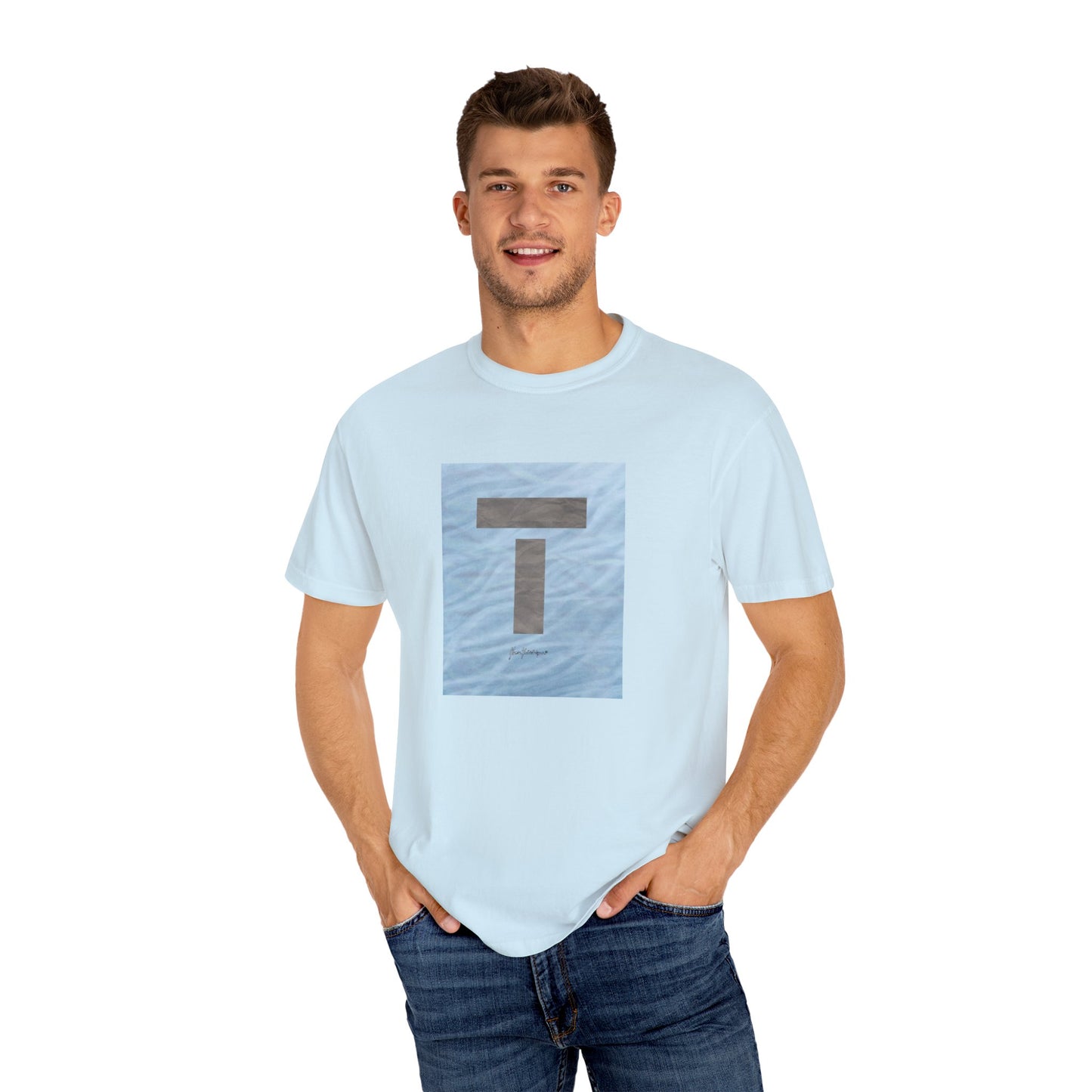 T symbol, Star Energy in a soft grey with light blue water reflections, Unisex Garment-Dyed T-shirt by artist Marie Frederique