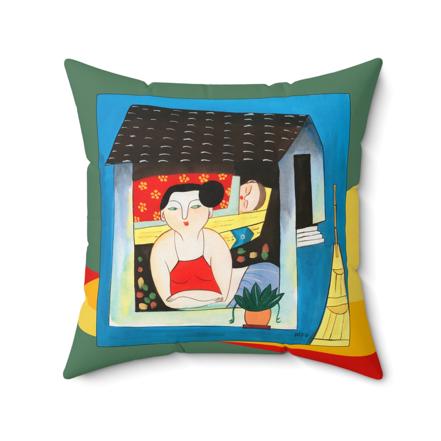 Vibrant Naive Art Faux Suede Square Pillow by artist Marie Frederique