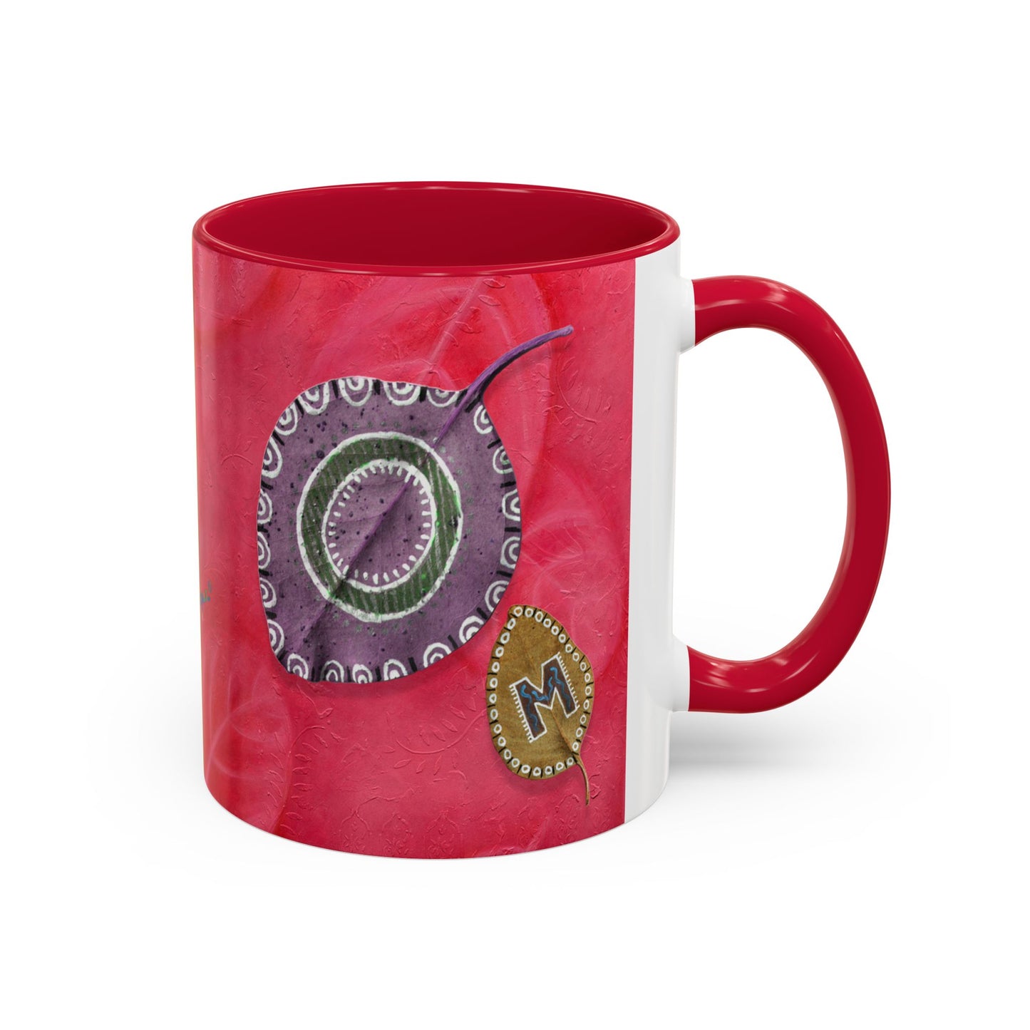 AUM/OM painted leaves spelling AUM & OM Mugs by Artist Marie Frederique