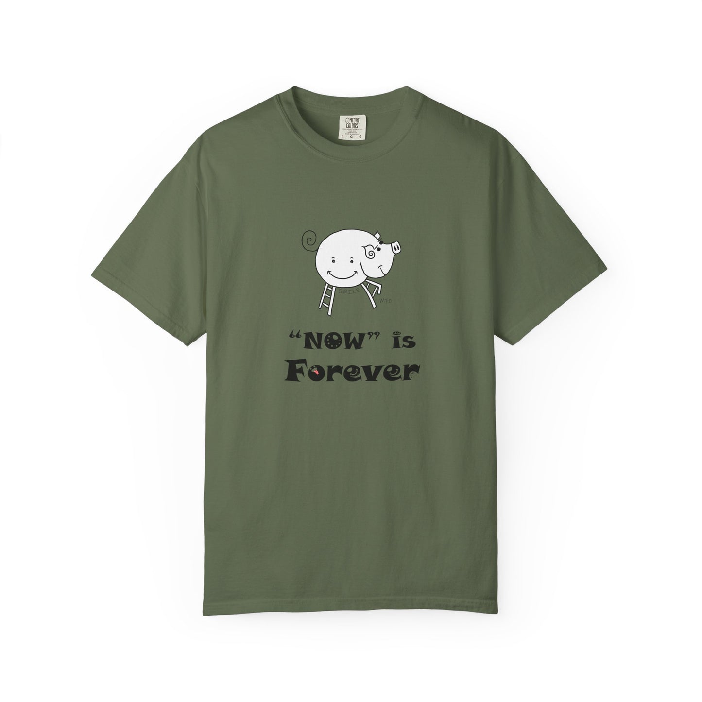 Pig lovers, "NOW" is Forever - Playful Tee for Mindfulness Enthusiasts by artist Marie Frederique