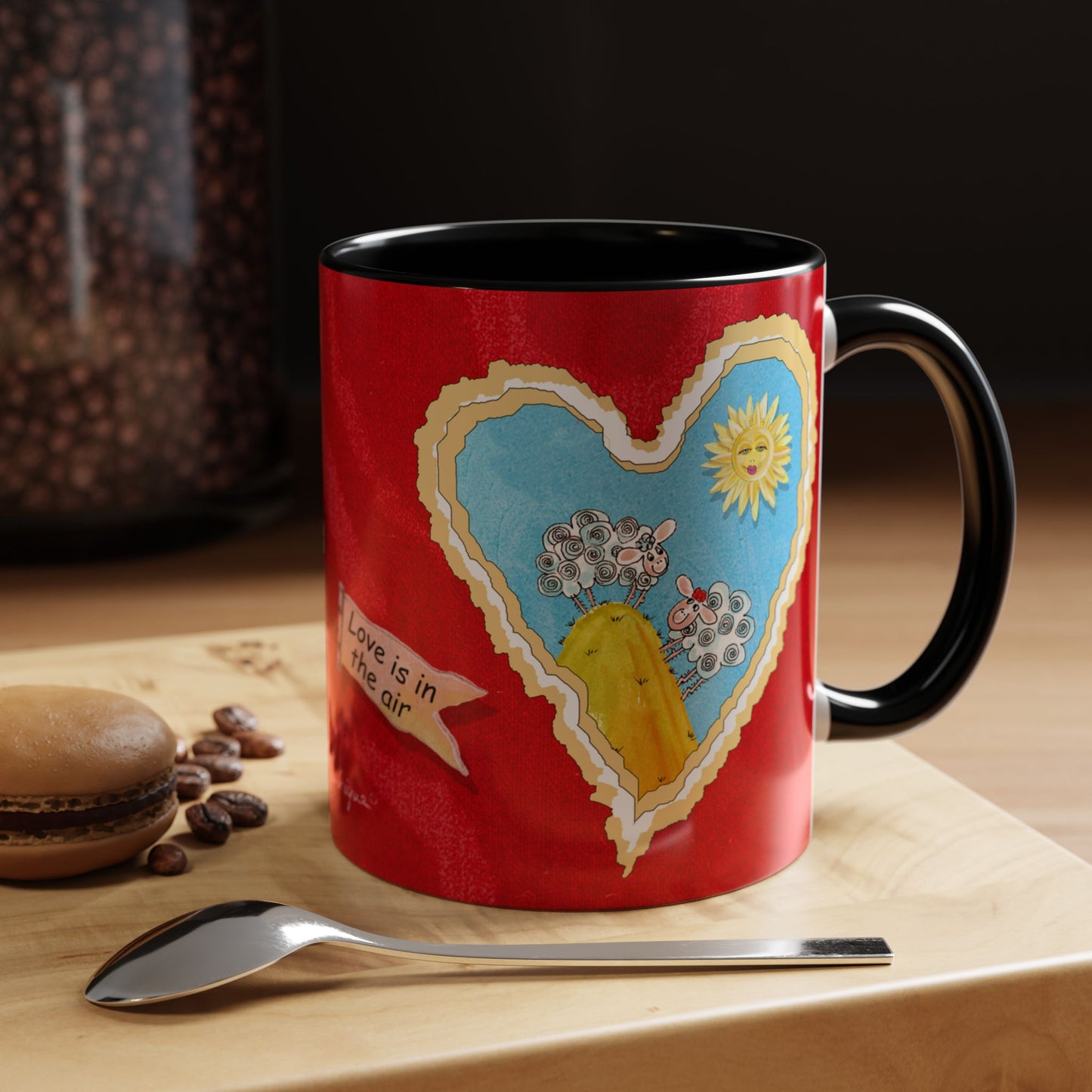 Valentine Sheep, Love is in the air with flying pig - Accent Coffee Mug (11, 15oz) by artist Marie Frederique