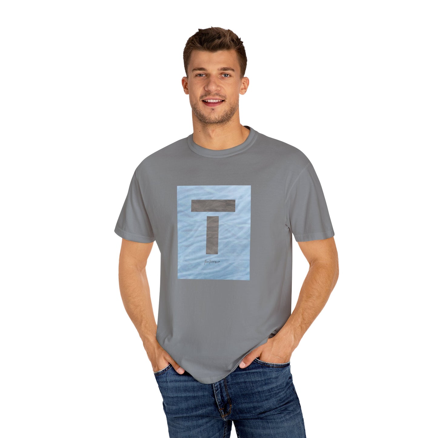T symbol, Star Energy in a soft grey with light blue water reflections, Unisex Garment-Dyed T-shirt by artist Marie Frederique