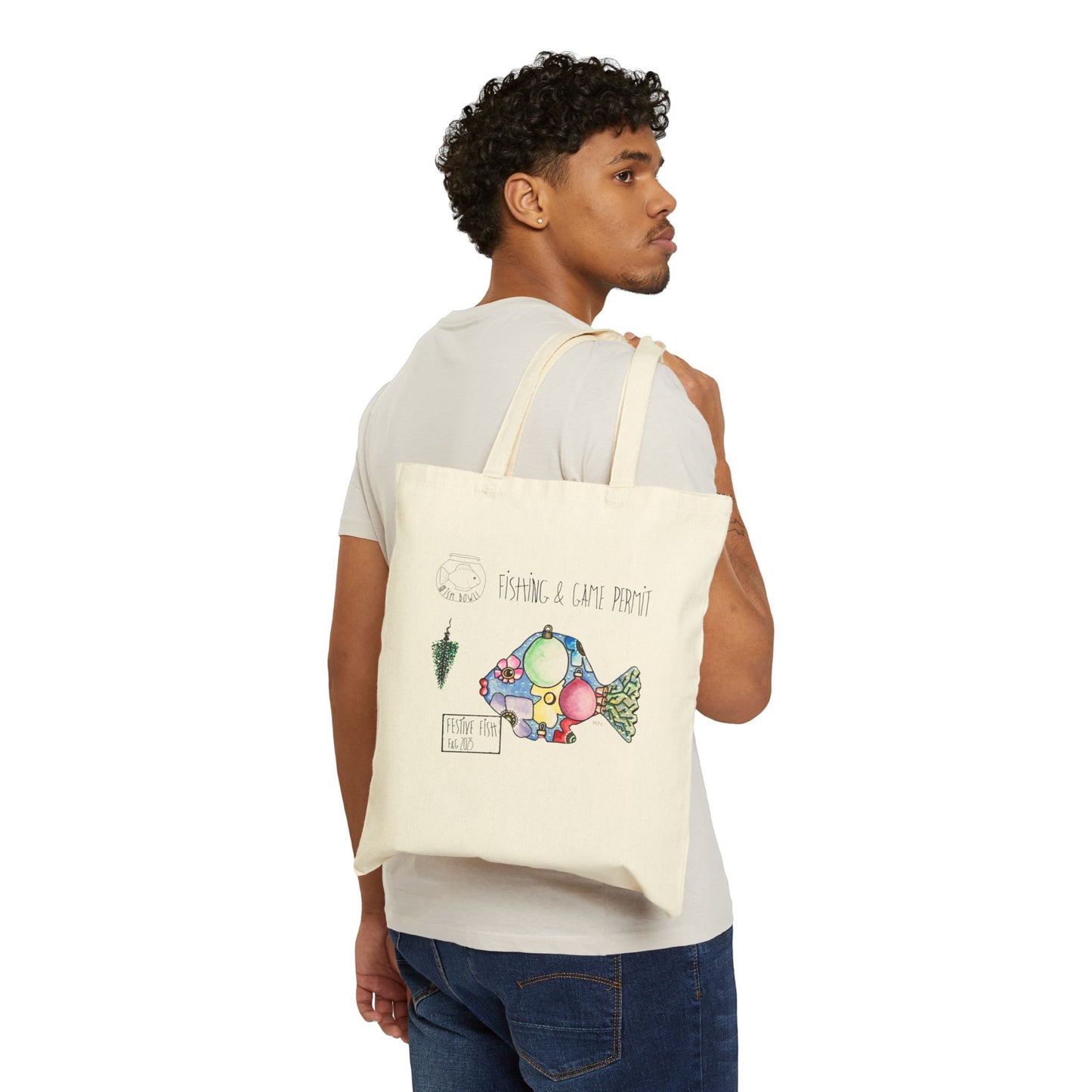 Canvas Tote Bag - Festive Fishing& Game Permit Design by artist Marie Frederique