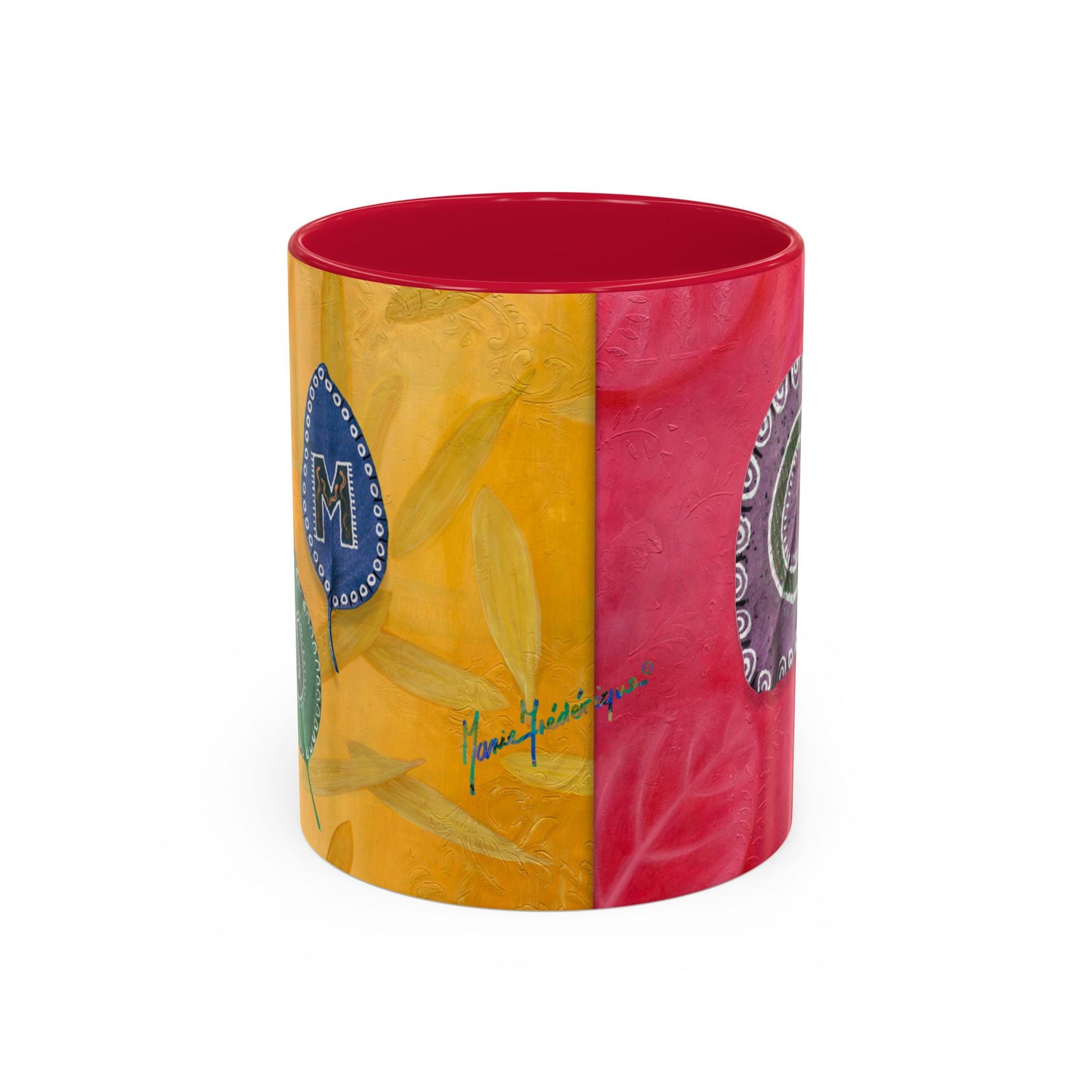 AUM/OM painted leaves spelling AUM & OM Mugs by Artist Marie Frederique