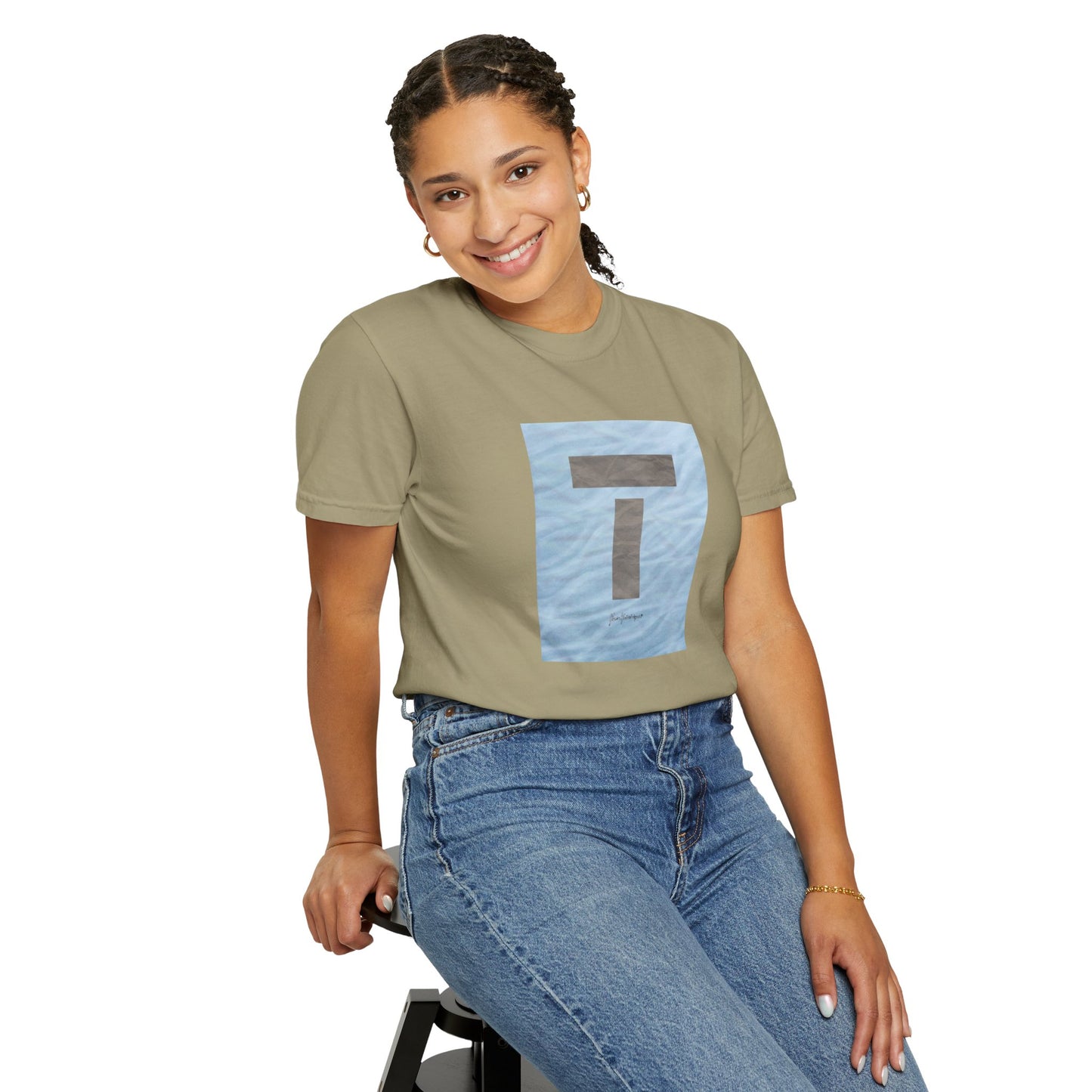 T symbol, Star Energy in a soft grey with light blue water reflections, Unisex Garment-Dyed T-shirt by artist Marie Frederique