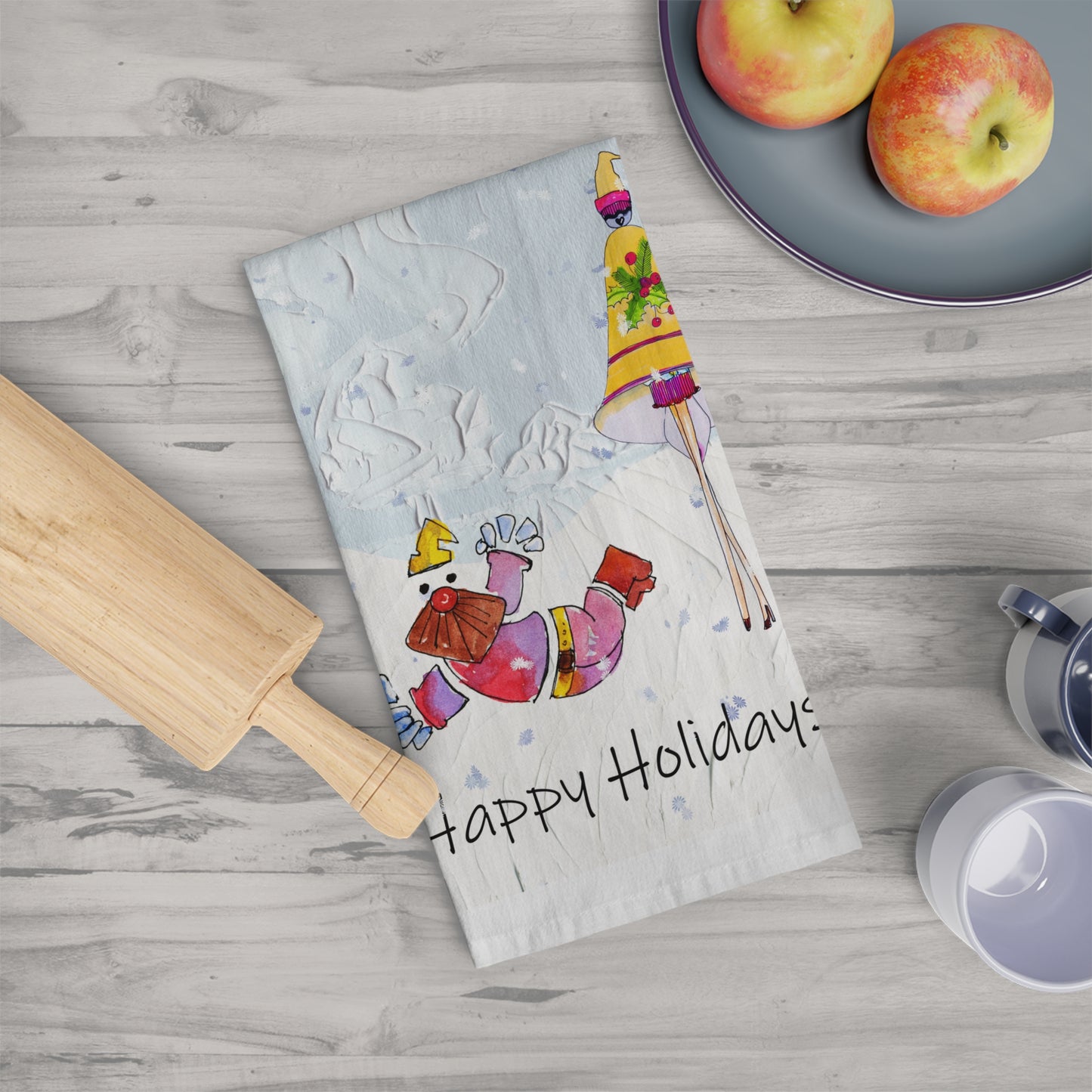 Christmas Tea Towel - Happy Holidays, Flying Santa Kitchen Decor by artist Marie Frederique