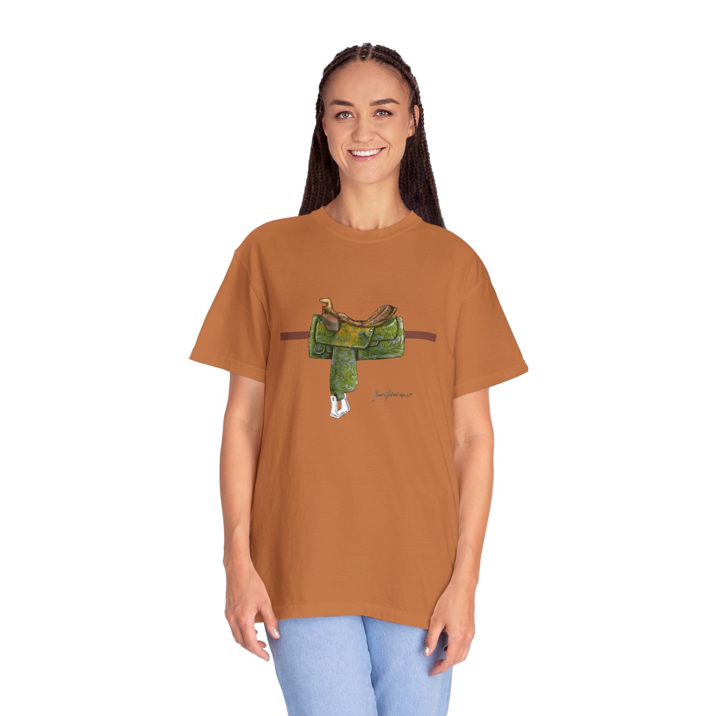 Western Saddle & Scarf Graphic T-Shirt — Rustic Western Equestrian Tee by artist Marie Frederique