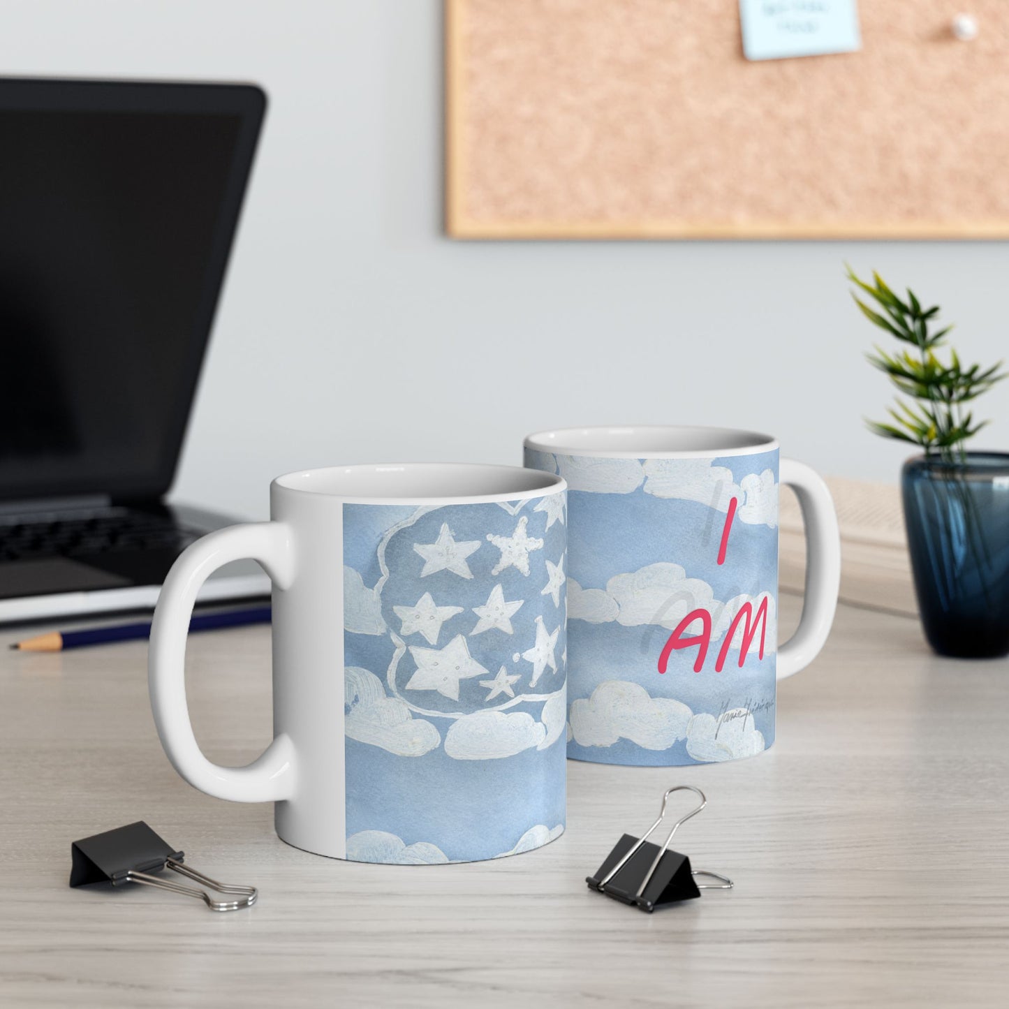 America, "I am" whimsical flag red, white and blue - Ceramic Mug, 11oz by Artist Marie Frederique