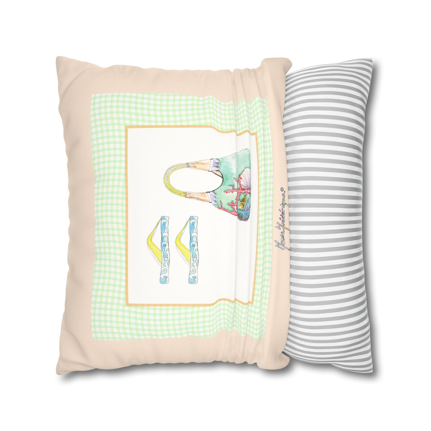 Coastal Vacation Tote and flip flop, Pattern Faux Suede Square Pillowcase by artist Marie Frederique