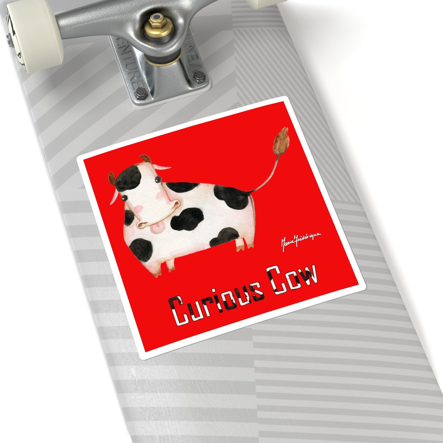 Curious Cow, Black and white Cow on a Red Sticker in 4 sizes by artist Marie Frederique