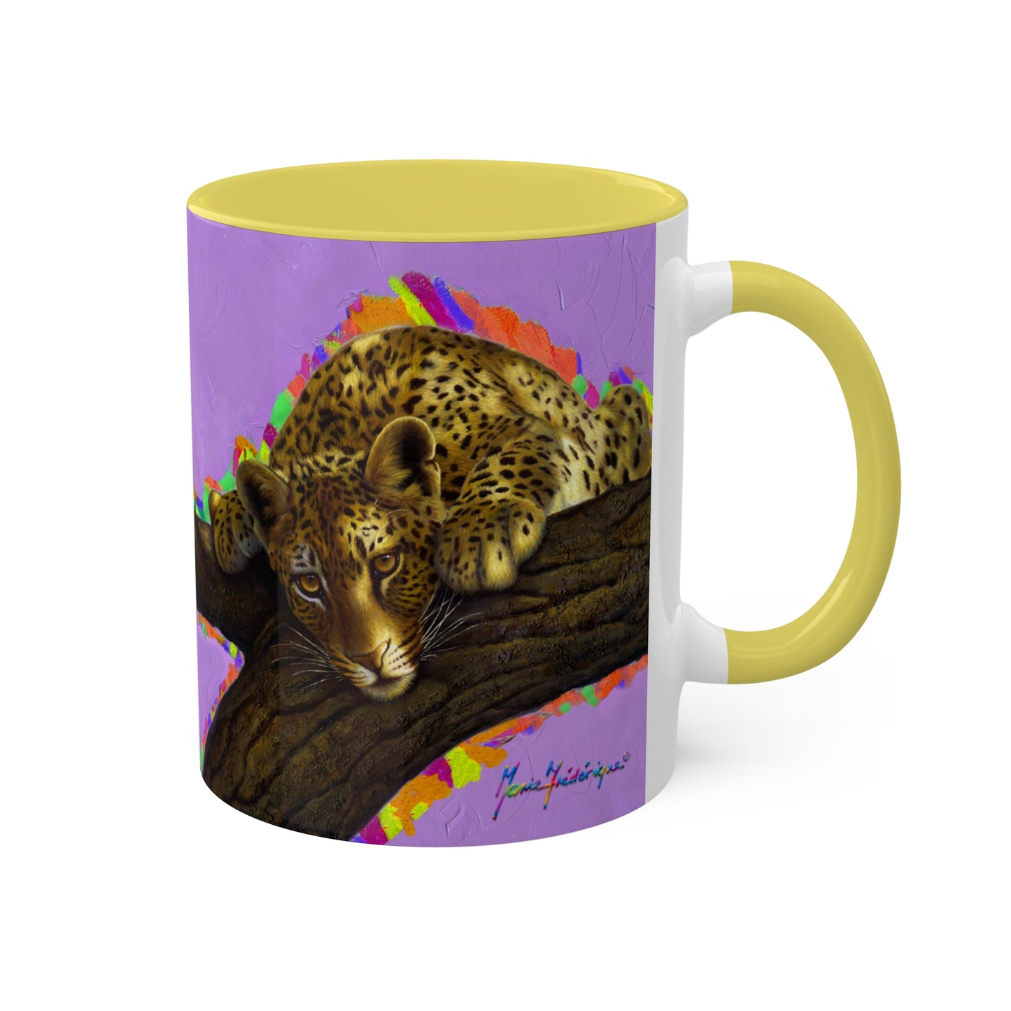 Leopard in a tree, "I'M WATCHING YOU" - Colorful Mug in 4 colors Red, Yellow, Light Green and Pink 11oz By Artist Marie Frederique