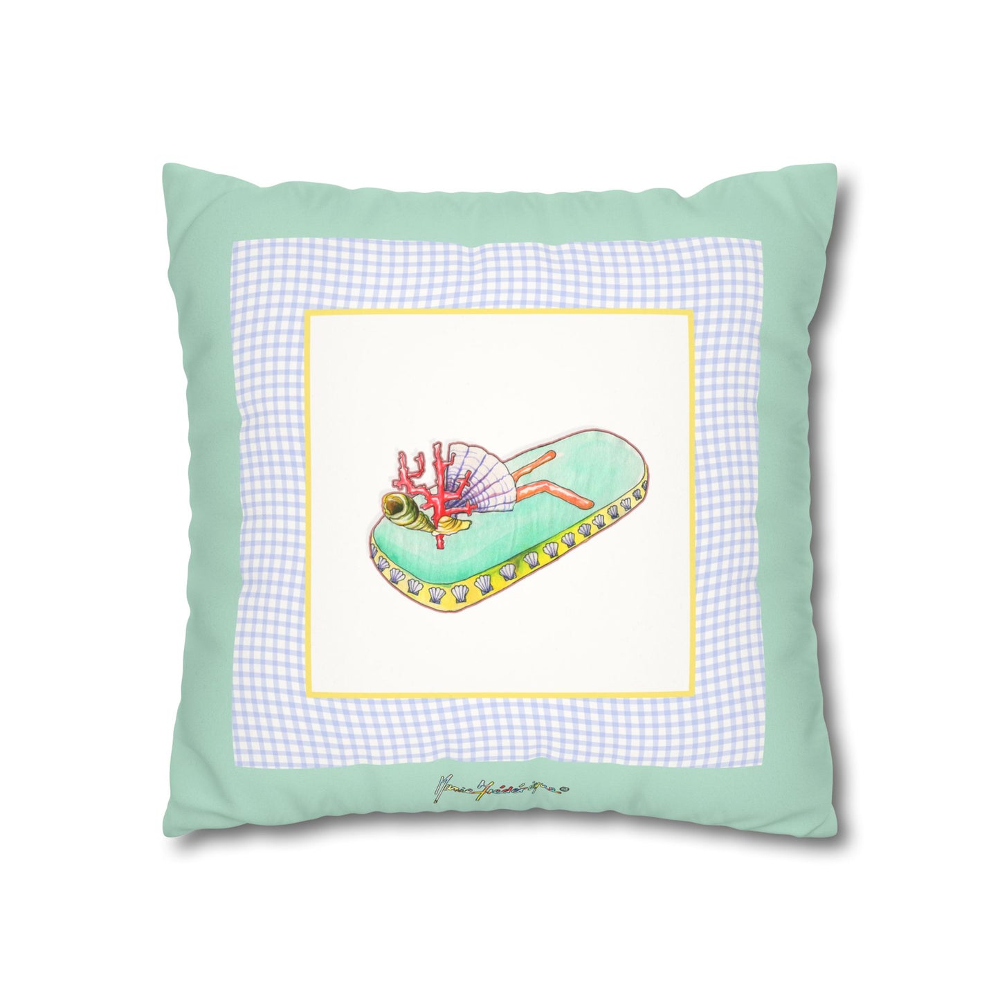 Mint Gingham Vacation Flip-Flop Pillowcase — Beachy Faux Suede Decorative Pillow Cover by artist Marie Frederique