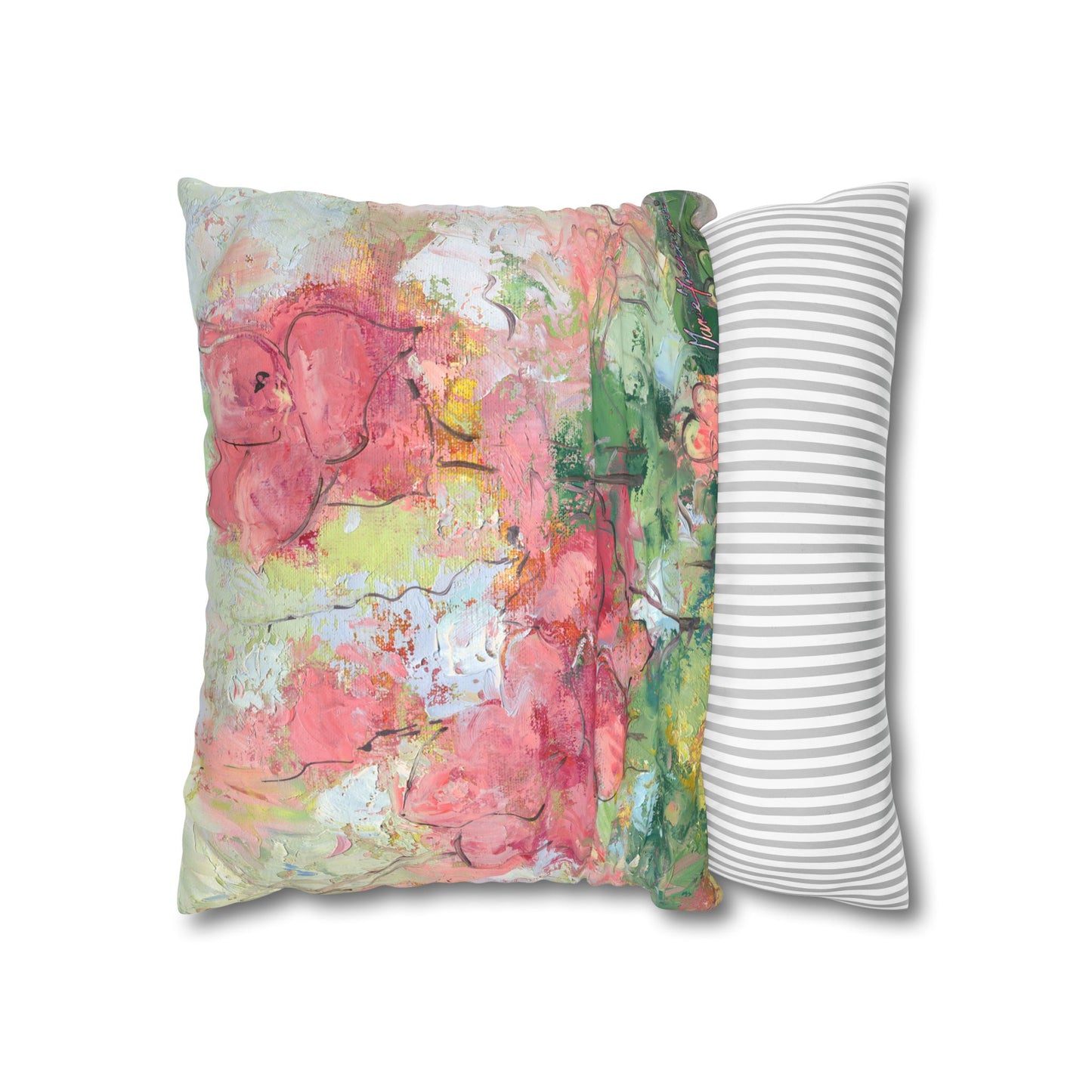 Floral Watercolor 2, Faux Suede Pillowcase — Pink Garden Square Throw Pillow Cover by artist Marie Frederique