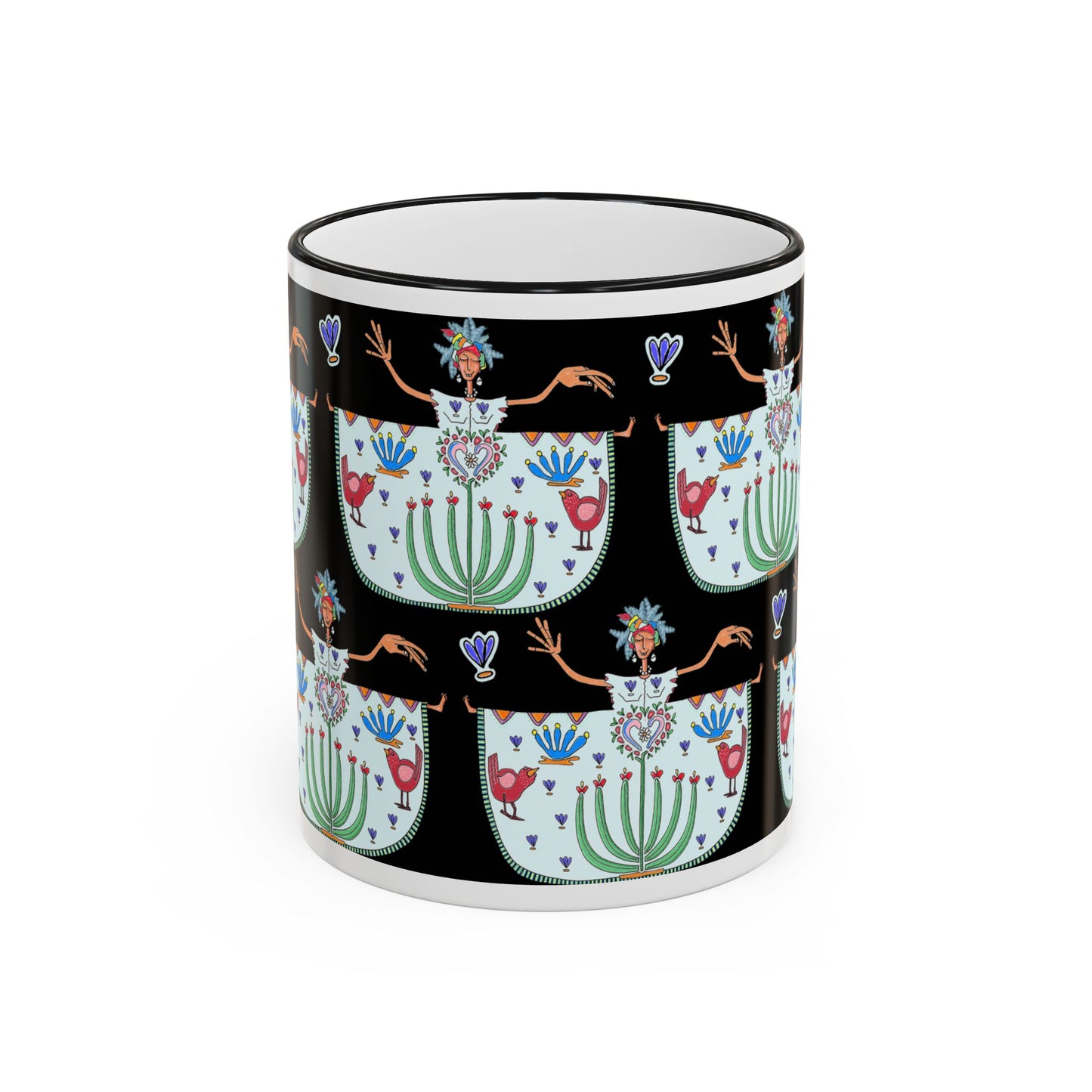 Chic Floral Folk Art Accent Rim Mug — Hand-Painted Teacup Pattern (11oz/15oz)