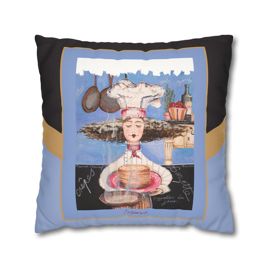 Chef, Crepes Suzette Faux Suede Pillowcase — Whimsical Chefetteville Kitchen Decor by artist Marie Frederique